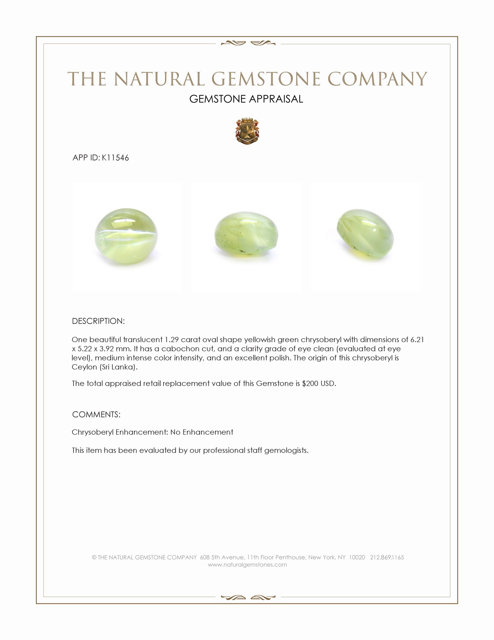 1.29 Ct. Cabochon Chrysoberyl from Ceylon (Sri Lanka)