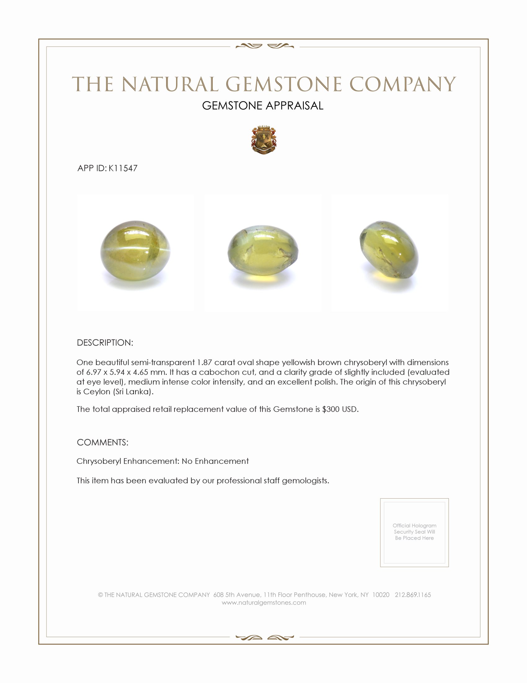 1.87 Ct. Yellowish Brown Cabochon Chrysoberyl from Ceylon (Sri Lanka)