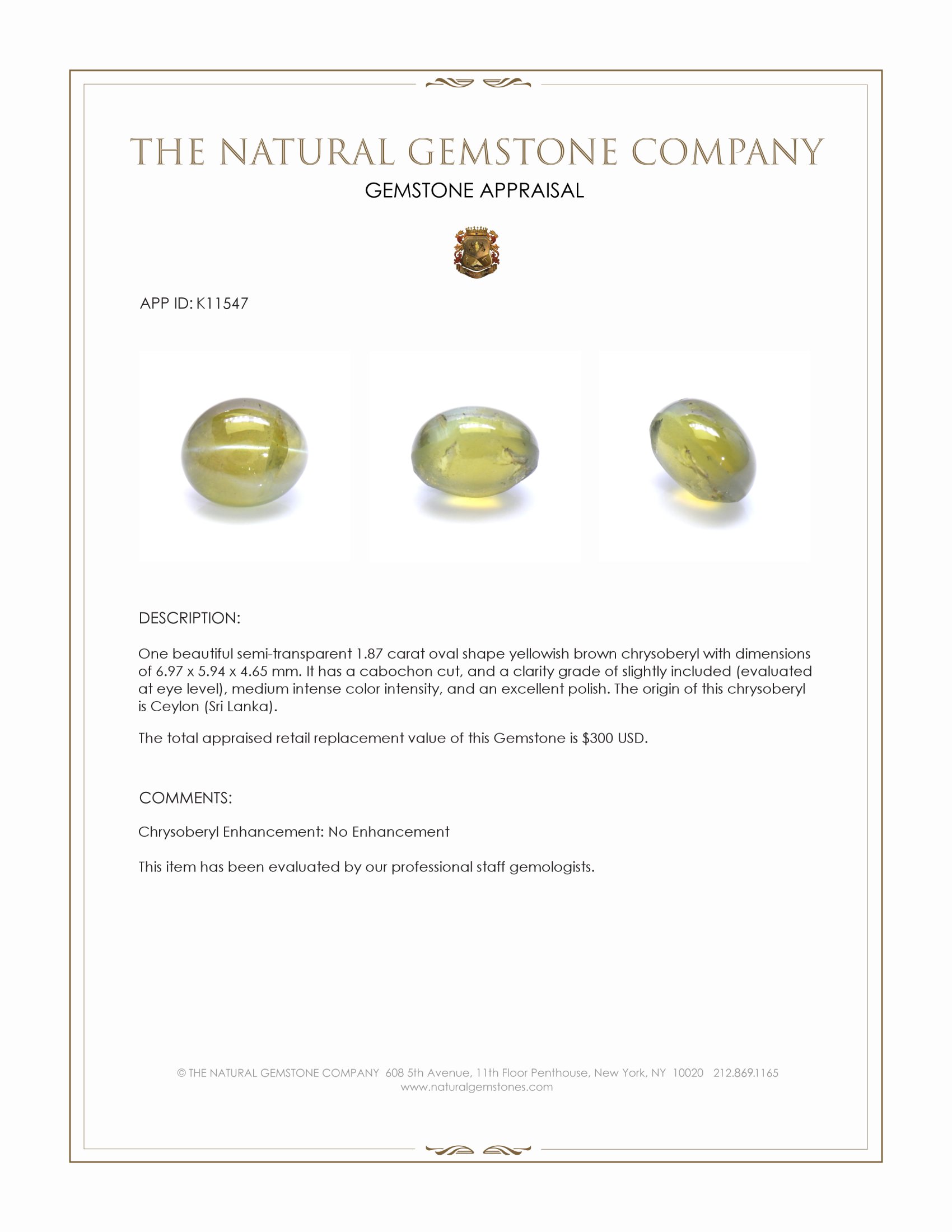 1.87 Ct. Cabochon Chrysoberyl from Ceylon (Sri Lanka)