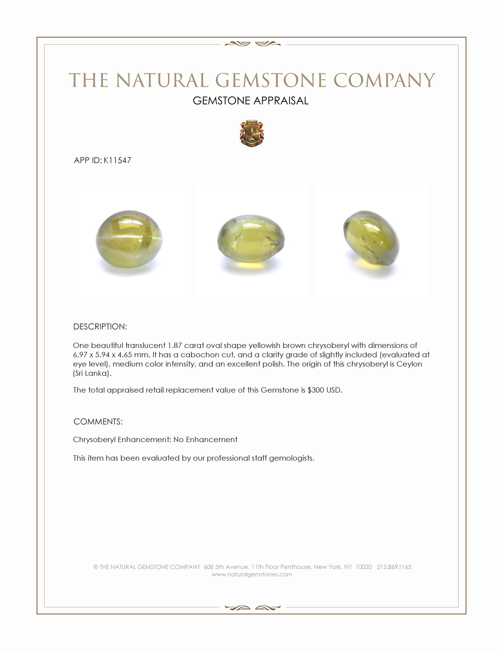 1.87 Ct. Yellowish Brown Cabochon Chrysoberyl from Ceylon (Sri Lanka)