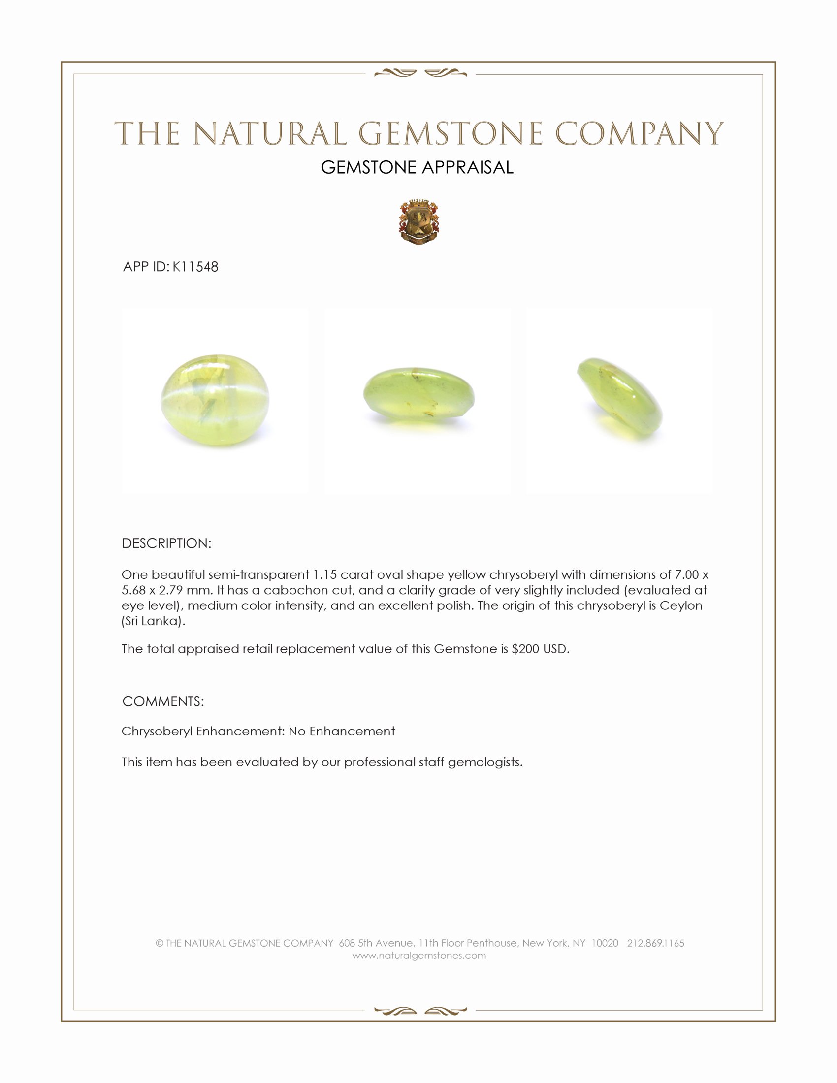 1.15 Ct. Cabochon Chrysoberyl from Ceylon (Sri Lanka)