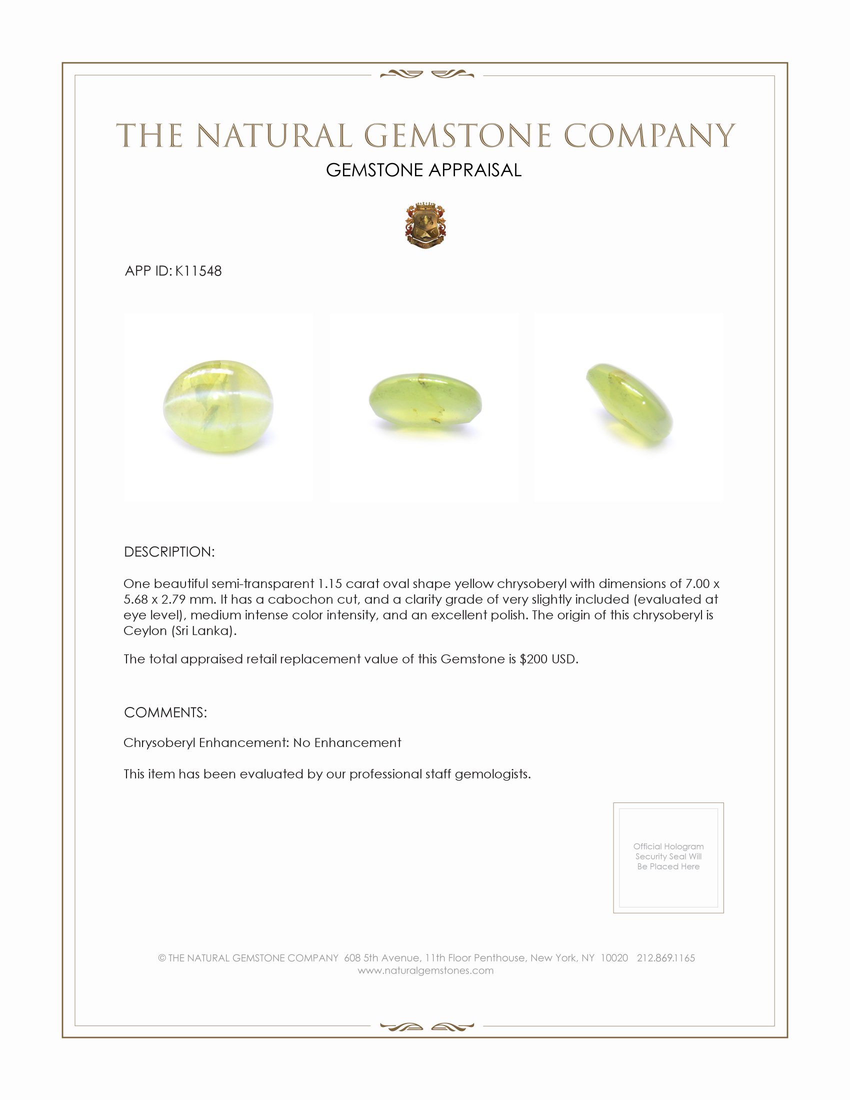 1.15 Ct. Cabochon Chrysoberyl from Ceylon (Sri Lanka)