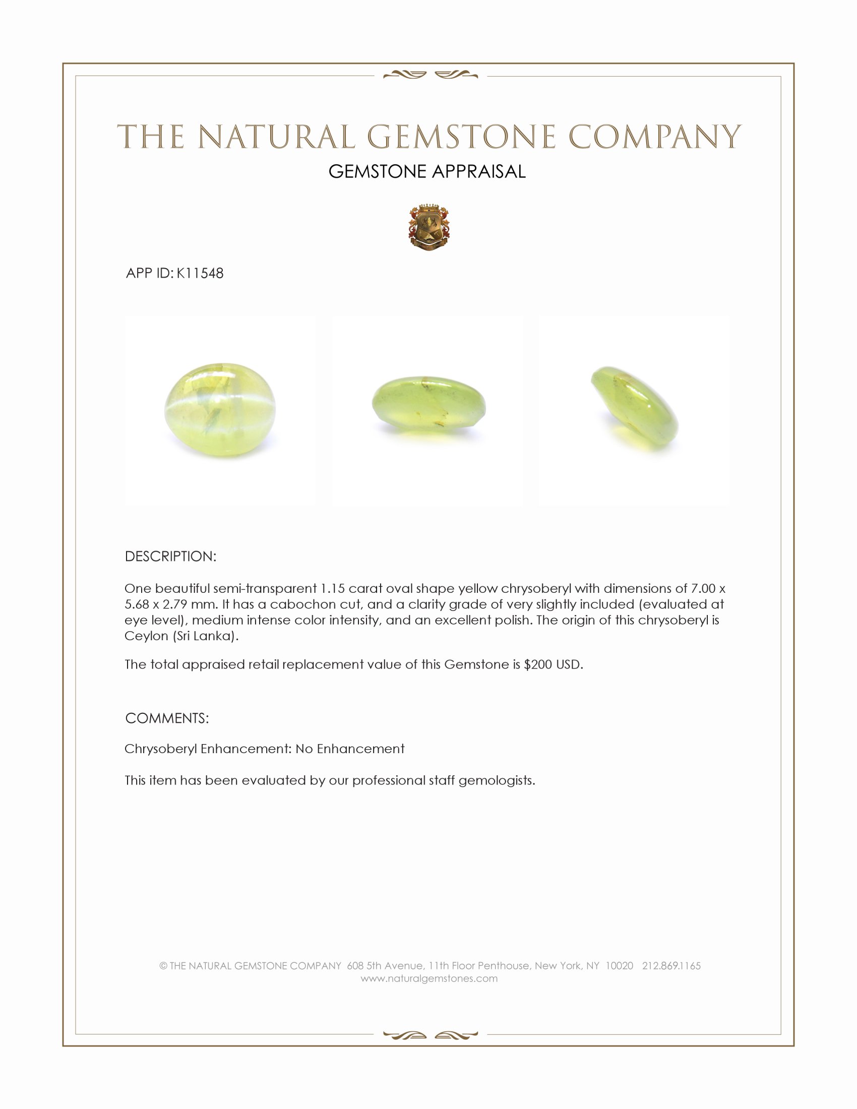 1.15 Ct. Cabochon Chrysoberyl from Ceylon (Sri Lanka)