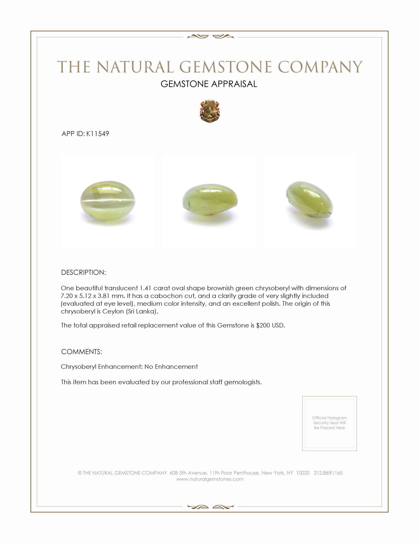 1.41 Ct. Cabochon Chrysoberyl from Ceylon (Sri Lanka)