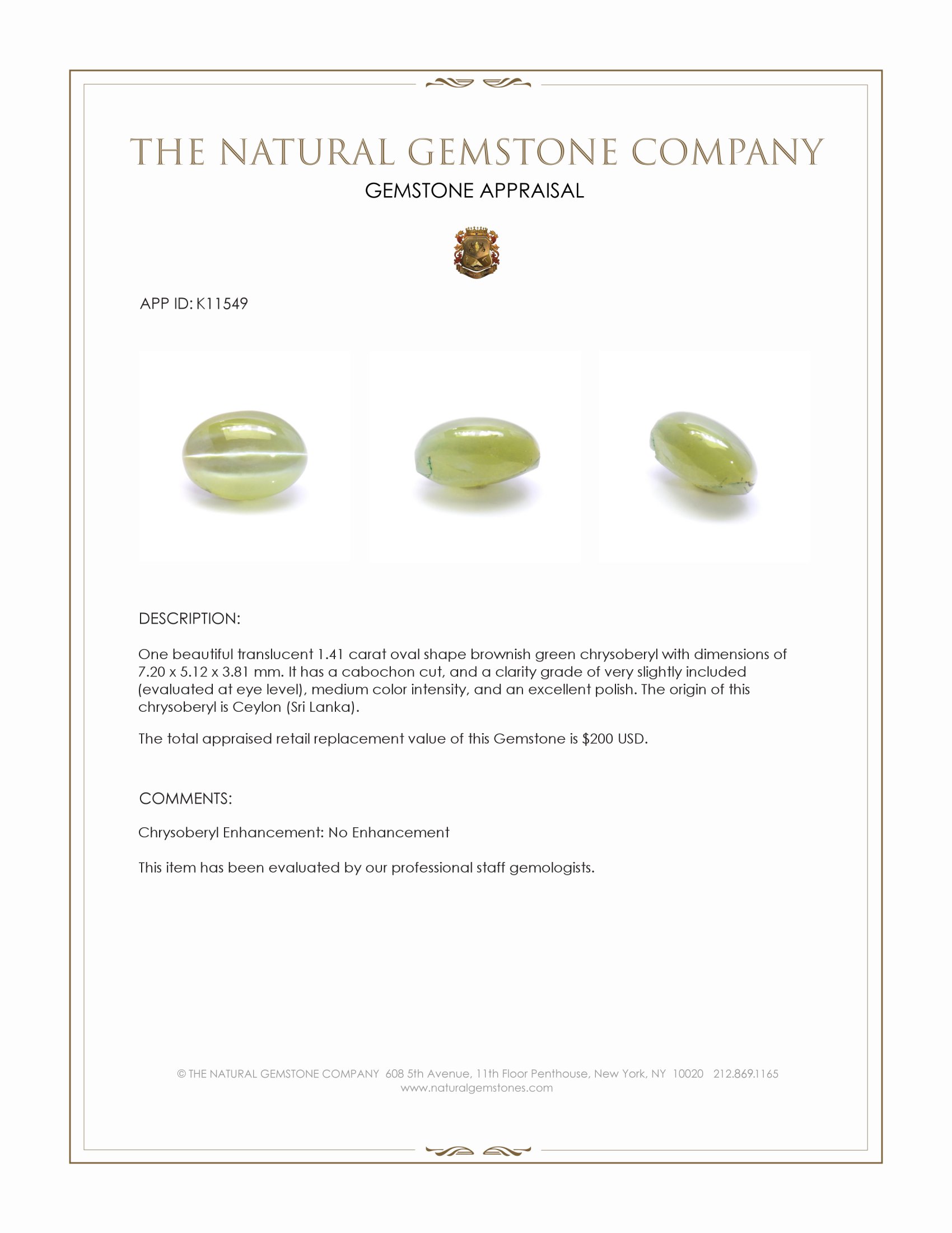 1.41 Ct. Cabochon Chrysoberyl from Ceylon (Sri Lanka)