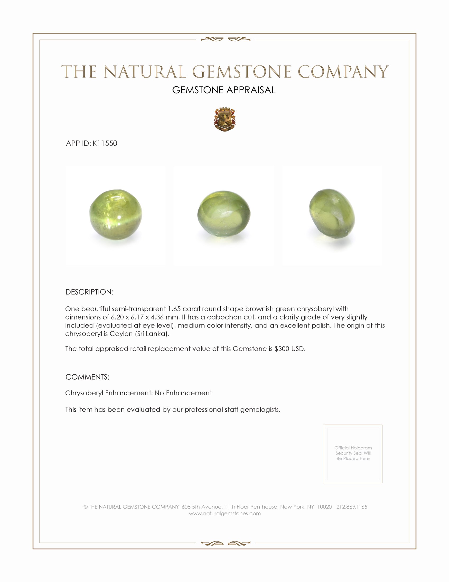 1.65 Ct. Brownish Green Cabochon Chrysoberyl from Ceylon (Sri Lanka)