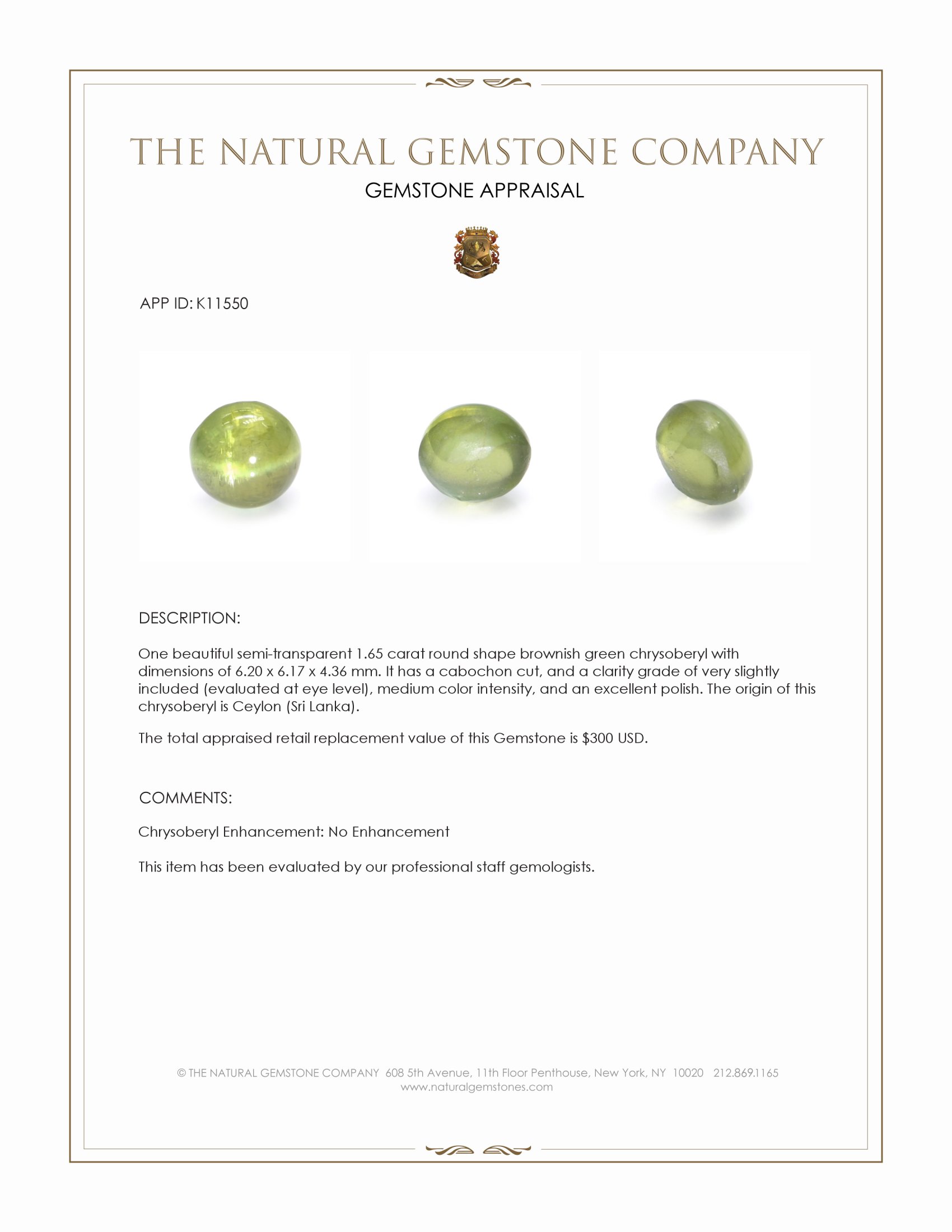 1.65 Ct. Cabochon Chrysoberyl from Ceylon (Sri Lanka)