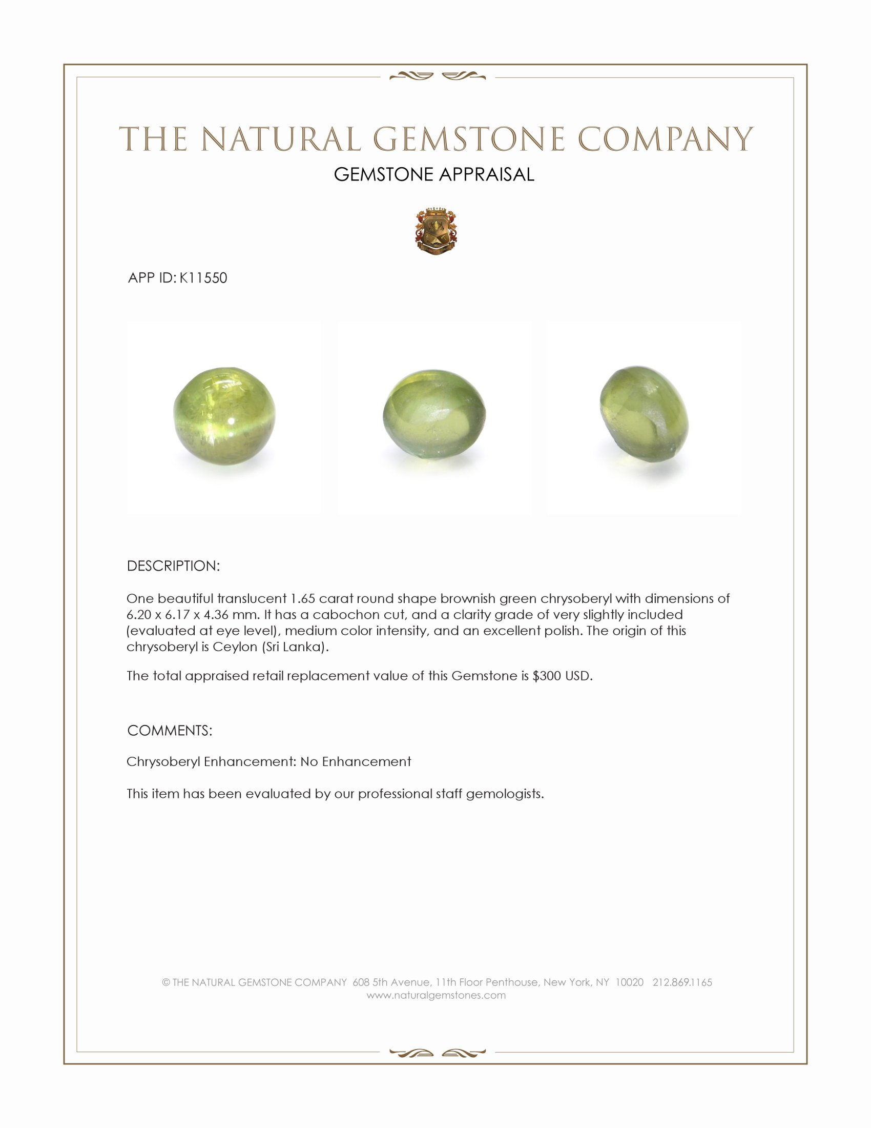 1.65 Ct. Cabochon Chrysoberyl from Ceylon (Sri Lanka)