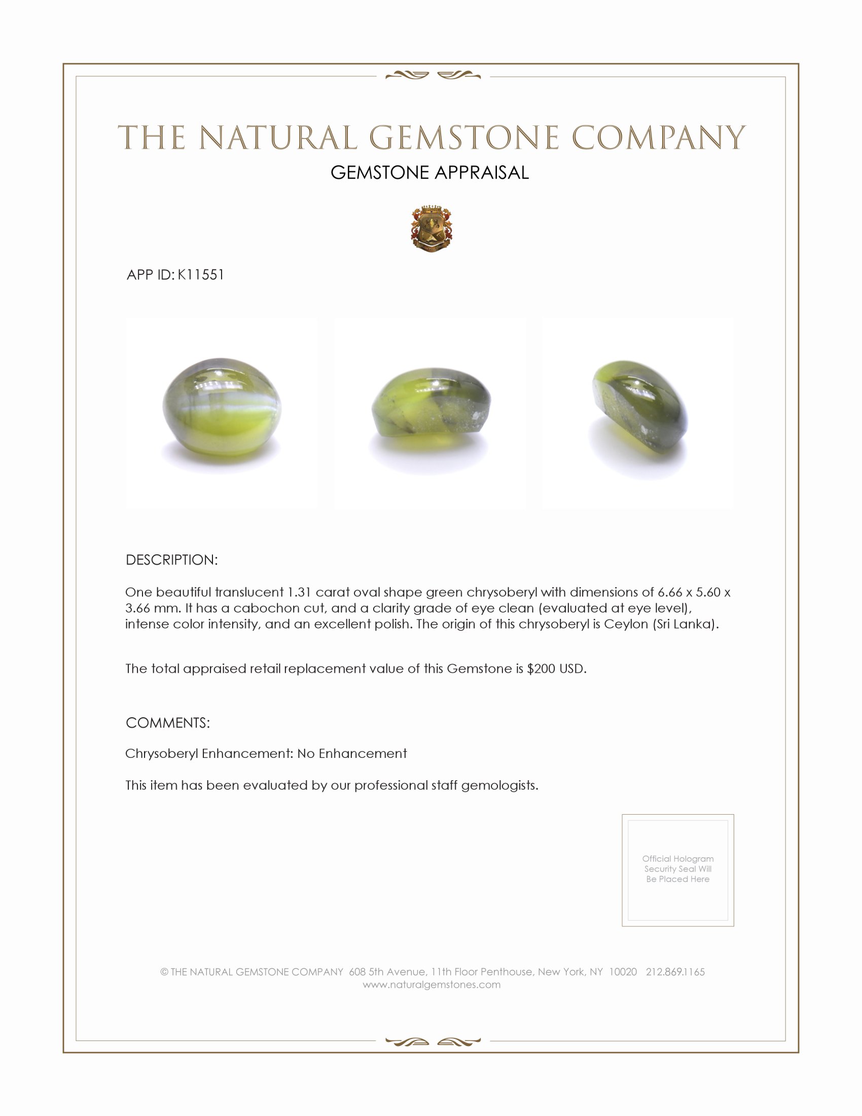 1.31 Ct. Green Cabochon Chrysoberyl from Ceylon (Sri Lanka)