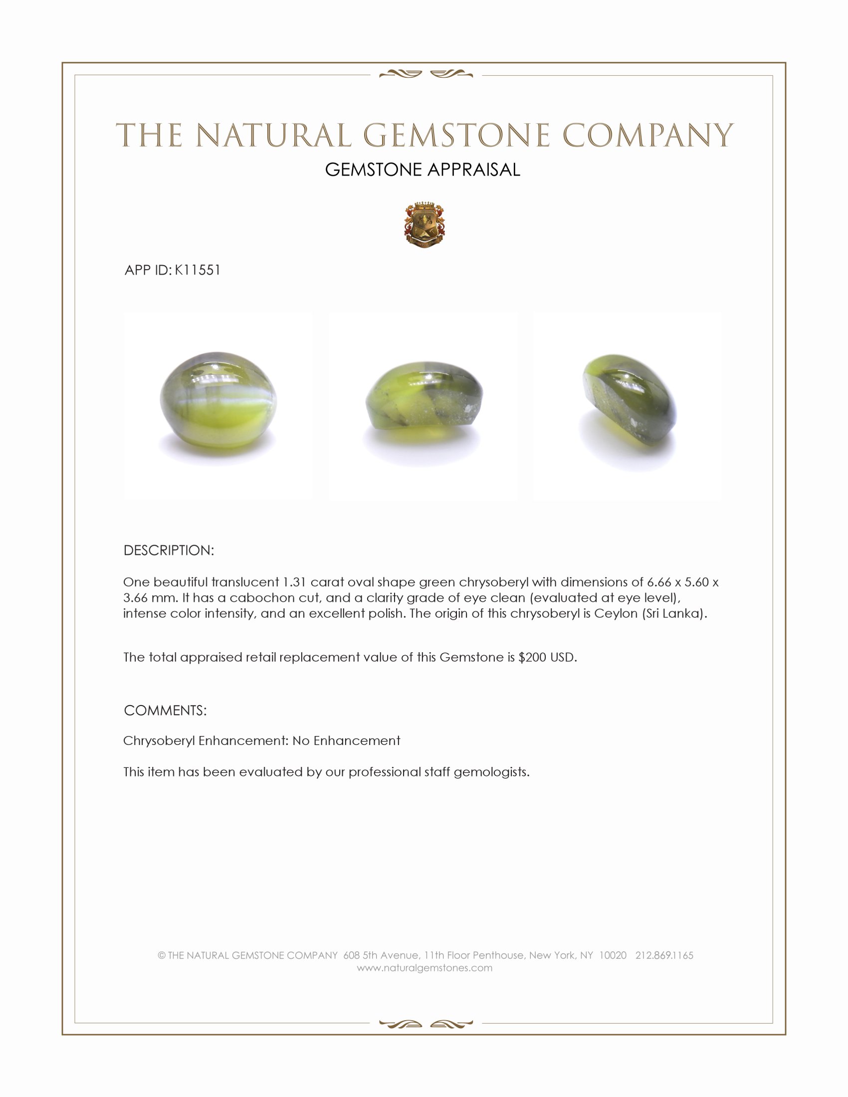 1.31 Ct. Cabochon Chrysoberyl from Ceylon (Sri Lanka)