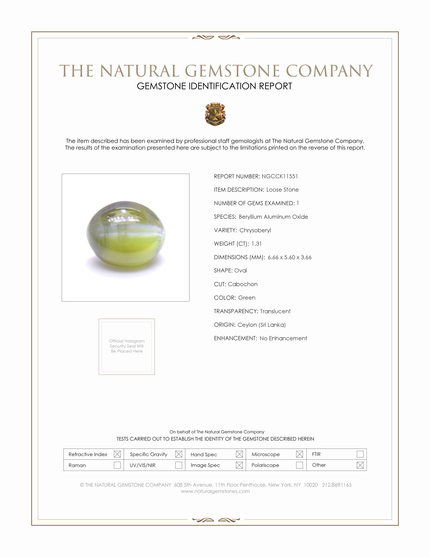 1.31 Ct. Green Cabochon Chrysoberyl from Ceylon (Sri Lanka)
