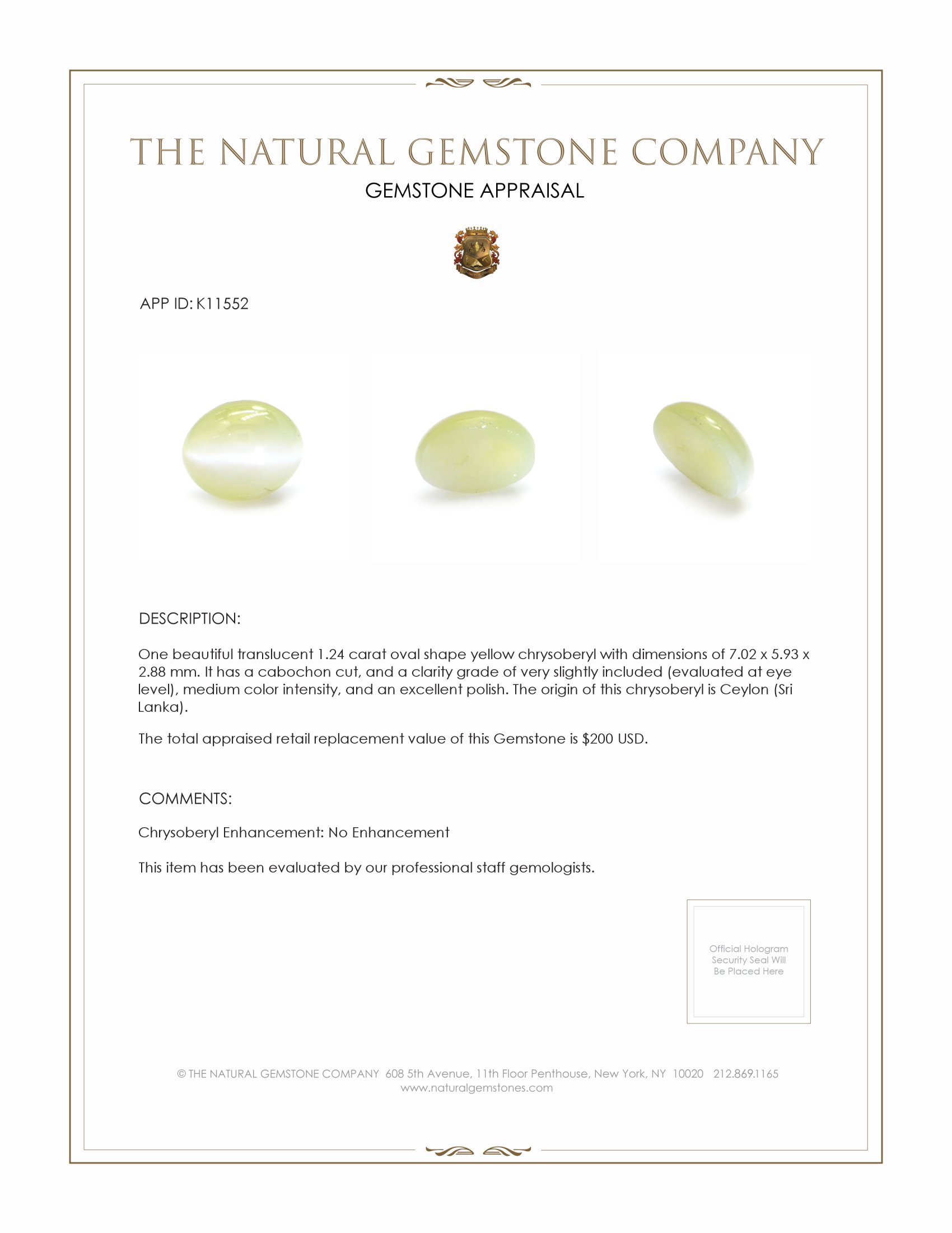 1.24 Ct. Cabochon Chrysoberyl from Ceylon (Sri Lanka)