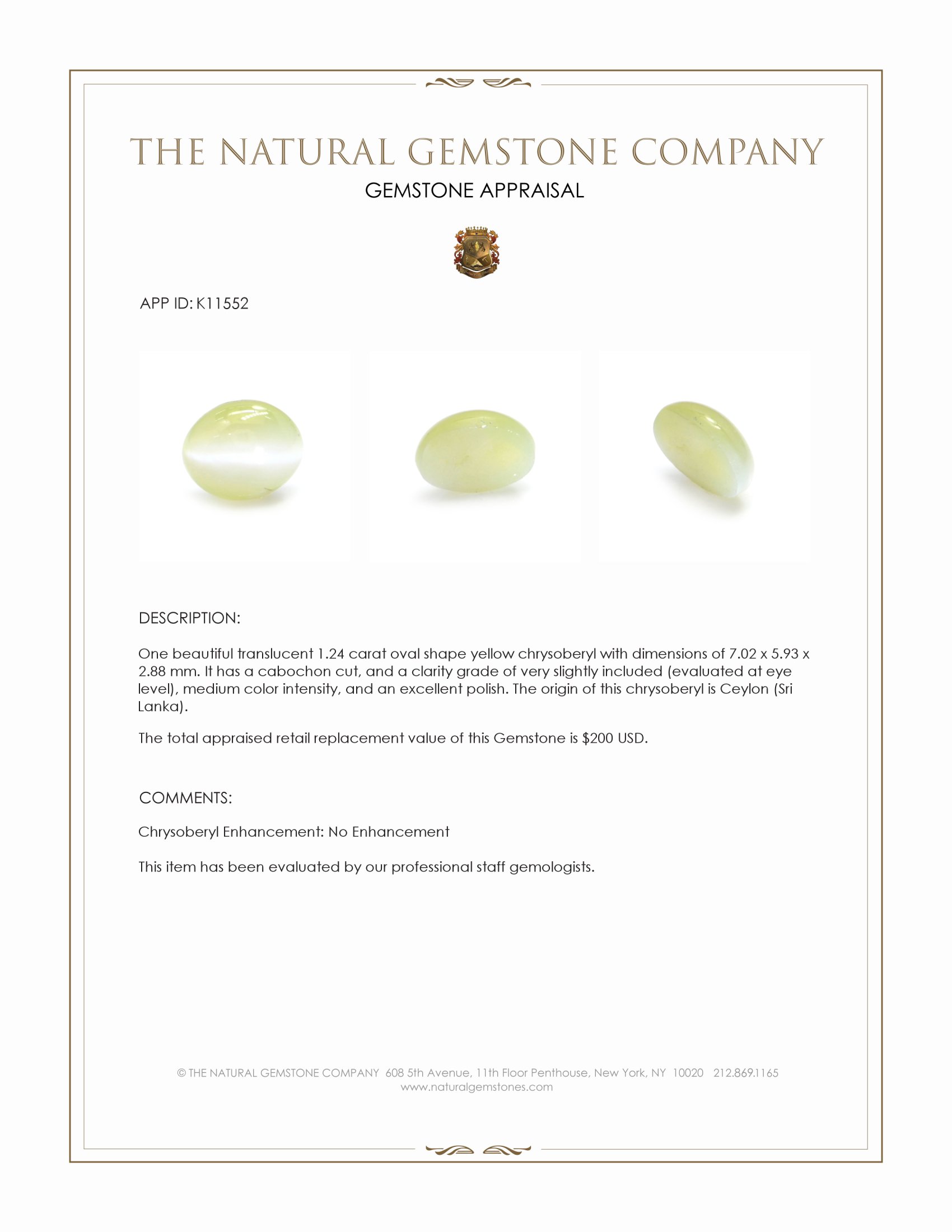 1.24 Ct. Cabochon Chrysoberyl from Ceylon (Sri Lanka)