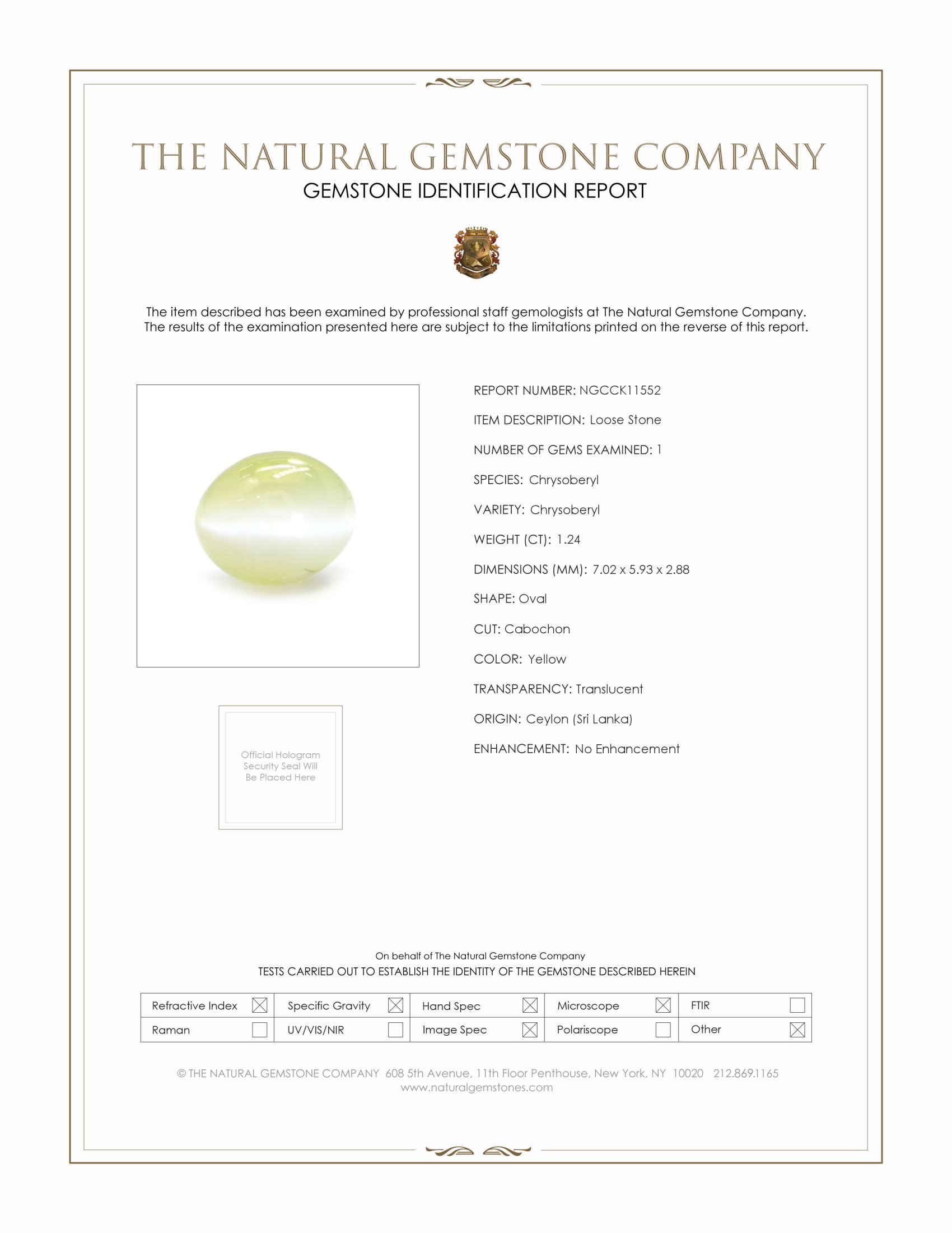 1.24 Ct. Yellow Cabochon Chrysoberyl from Ceylon (Sri Lanka)
