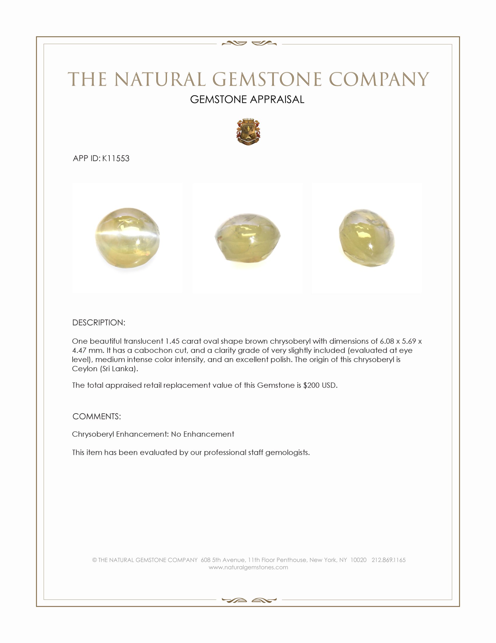 1.45 Ct. Cabochon Chrysoberyl from Ceylon (Sri Lanka)