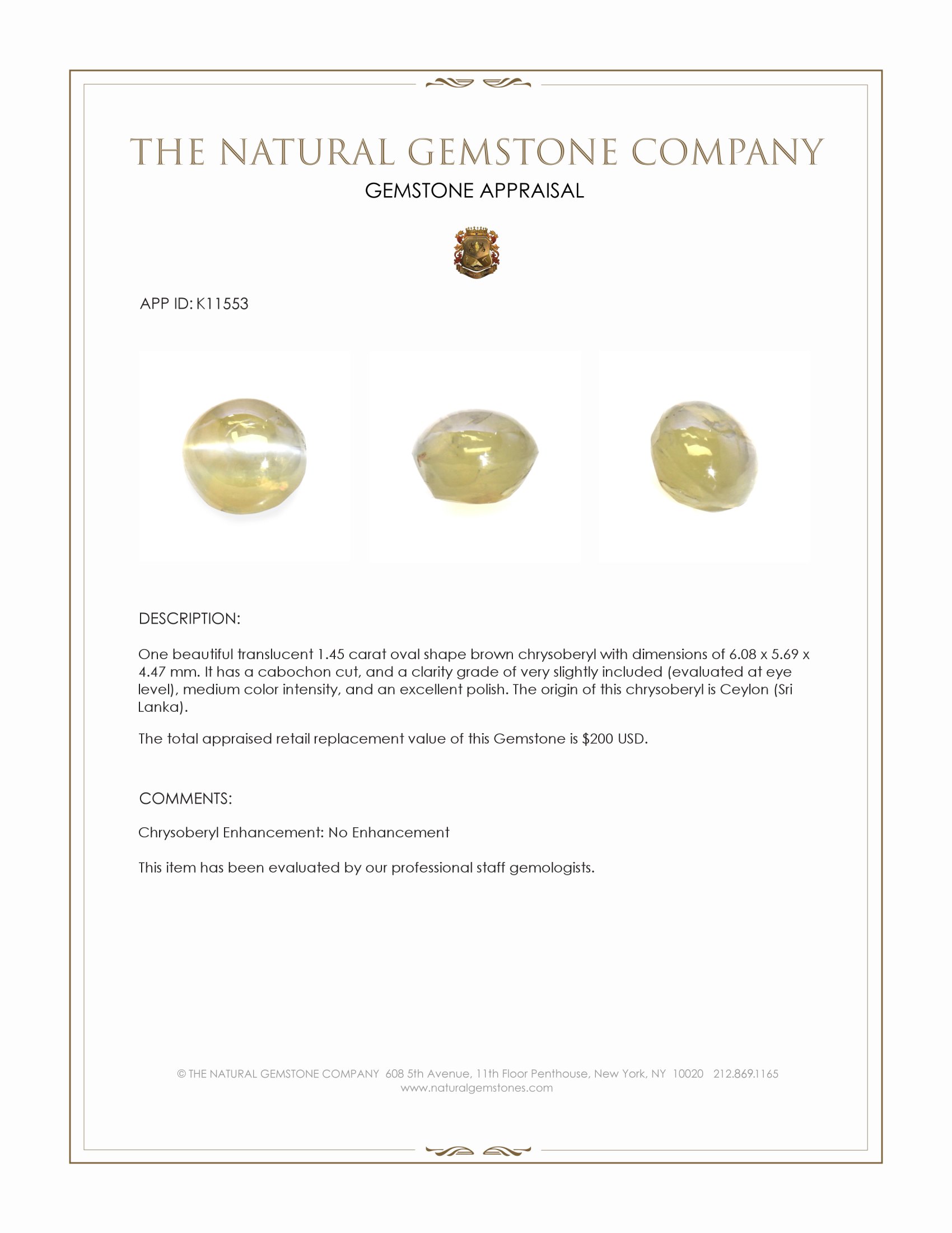 1.45 Ct. Brown Cabochon Chrysoberyl from Ceylon (Sri Lanka)