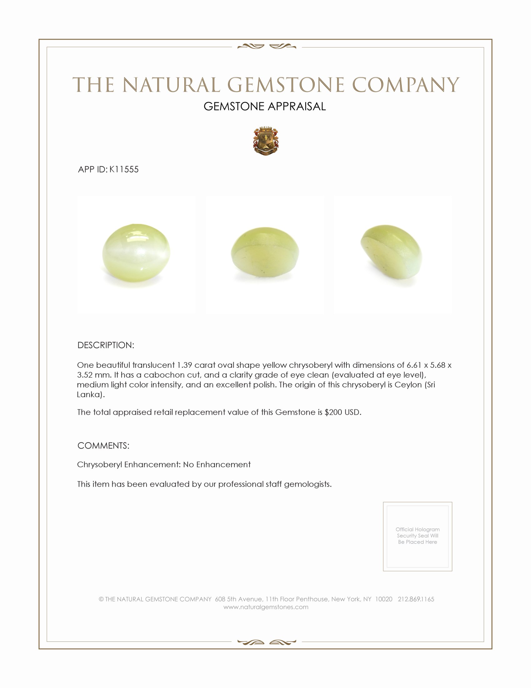 1.39 Ct. Yellow Cabochon Chrysoberyl from Ceylon (Sri Lanka)