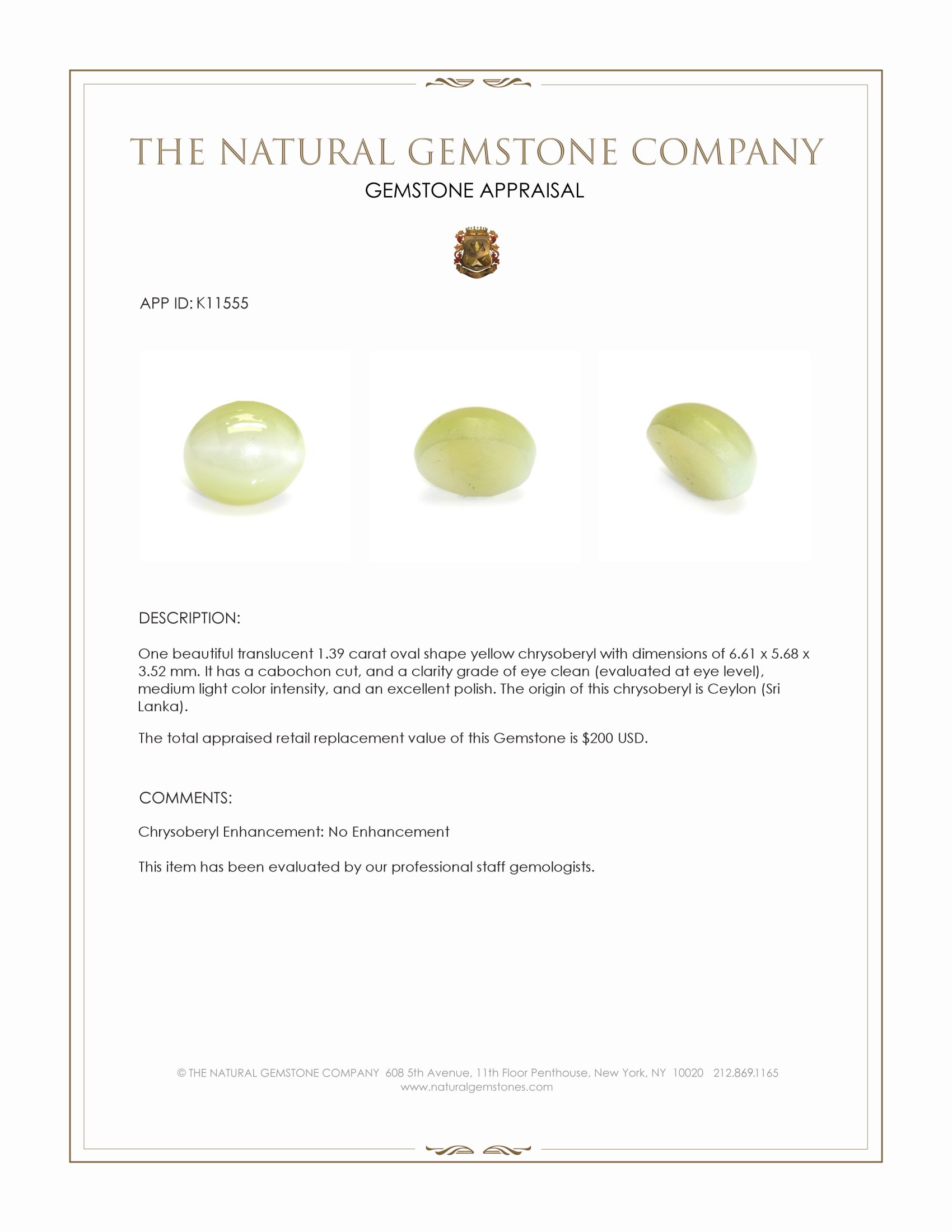 1.39 Ct. Cabochon Chrysoberyl from Ceylon (Sri Lanka)