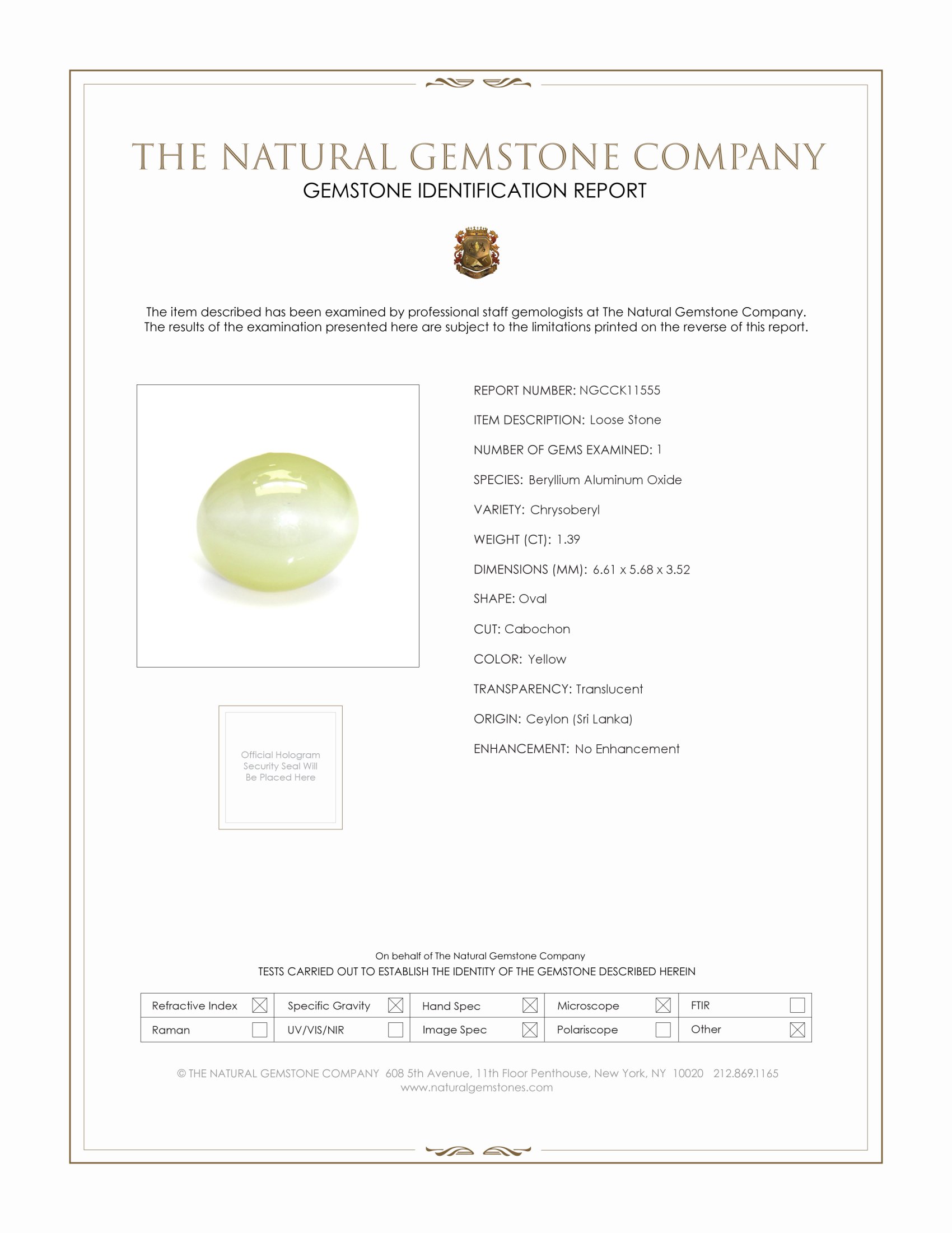 1.39 Ct. Yellow Cabochon Chrysoberyl from Ceylon (Sri Lanka)