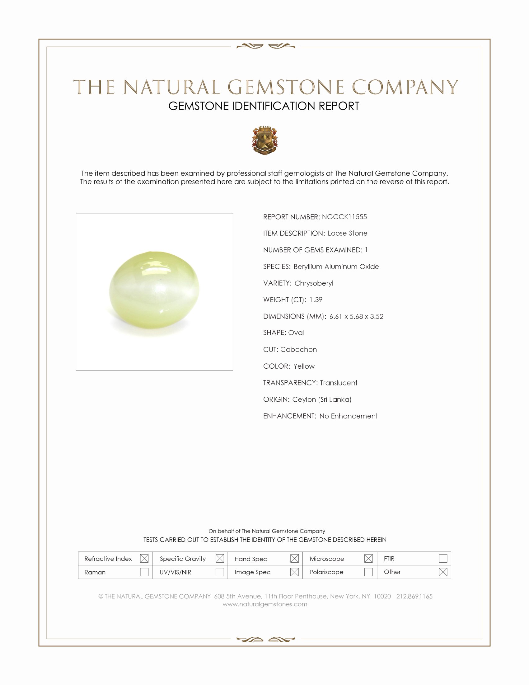 1.39 Ct. Cabochon Chrysoberyl from Ceylon (Sri Lanka)