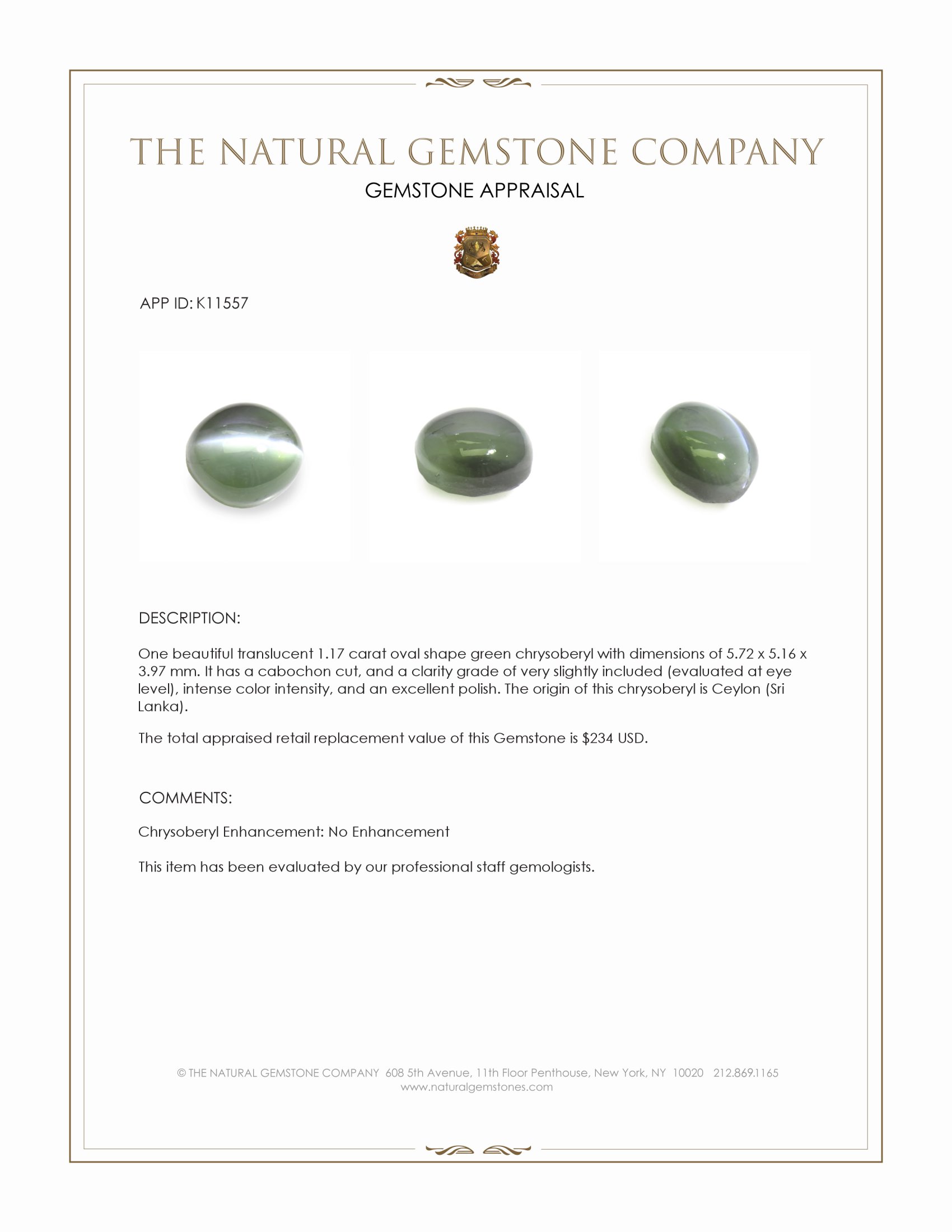 1.17 Ct. Cabochon Chrysoberyl from Ceylon (Sri Lanka)