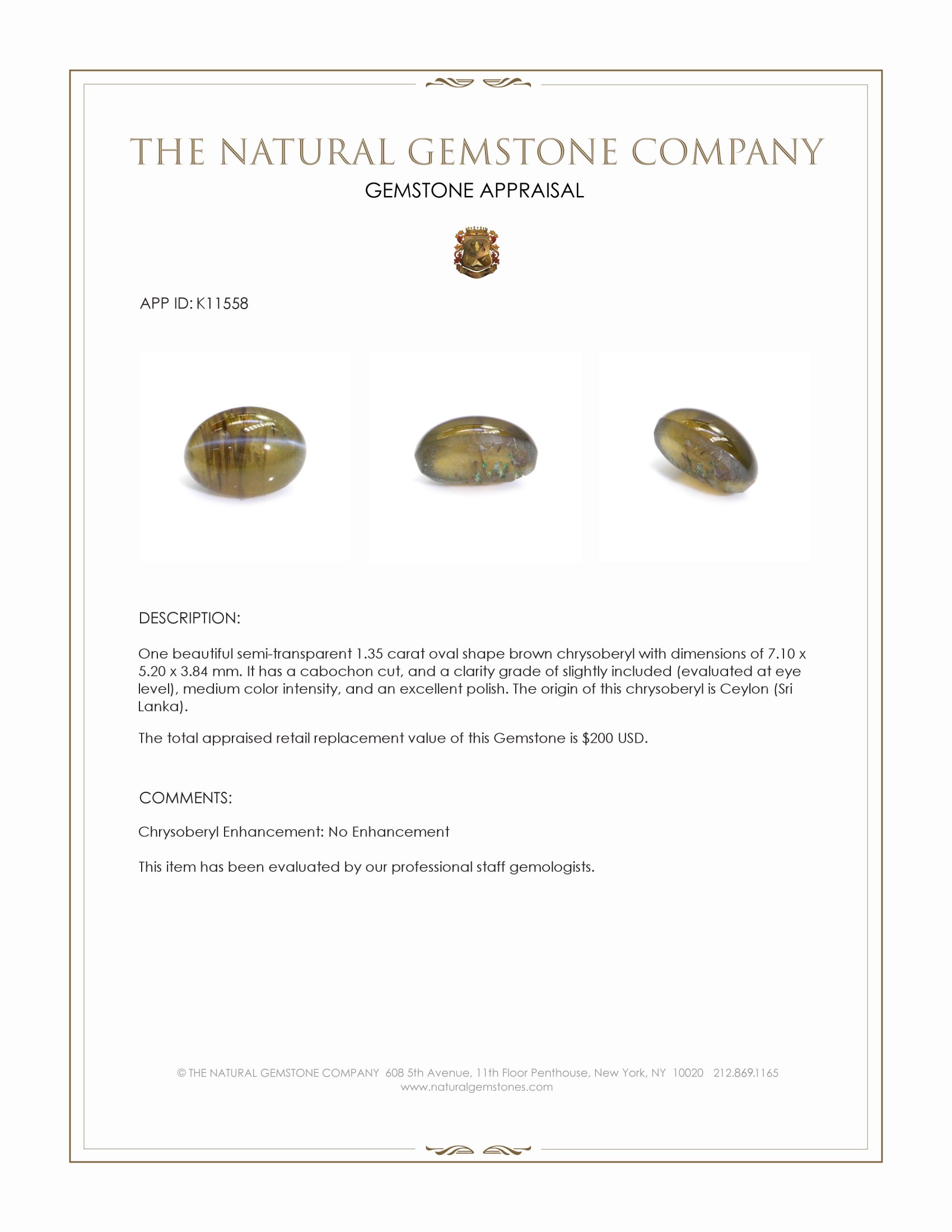 1.35 Ct. Cabochon Chrysoberyl from Ceylon (Sri Lanka)