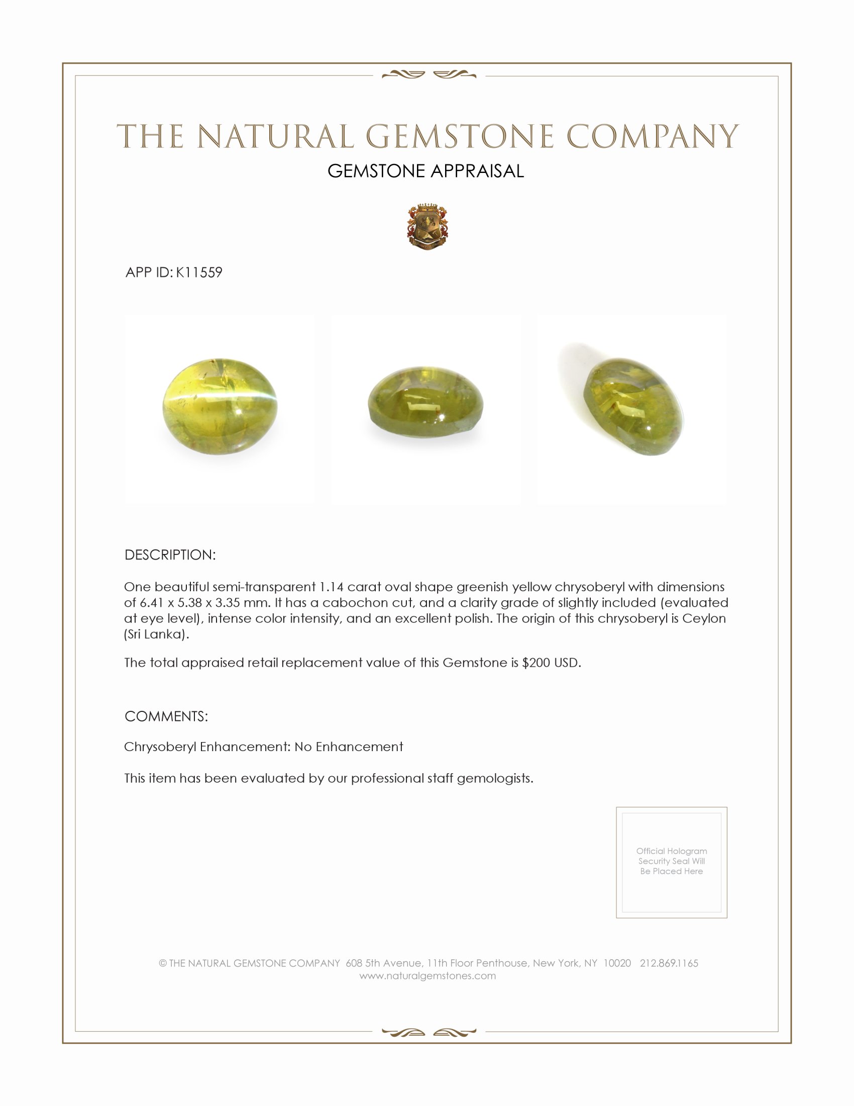 1.14 Ct. Cabochon Chrysoberyl from Ceylon (Sri Lanka)