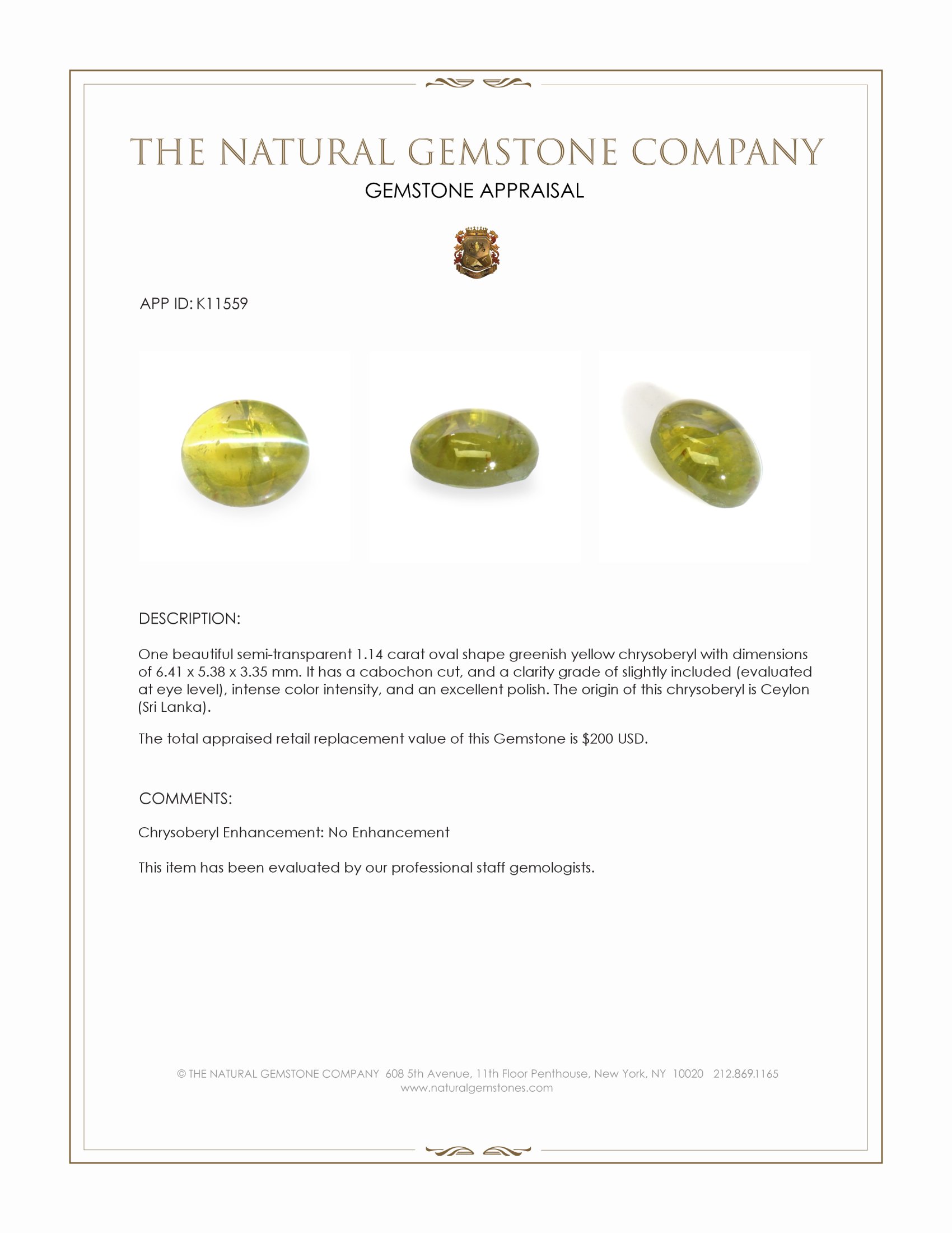 1.14 Ct. Cabochon Chrysoberyl from Ceylon (Sri Lanka)