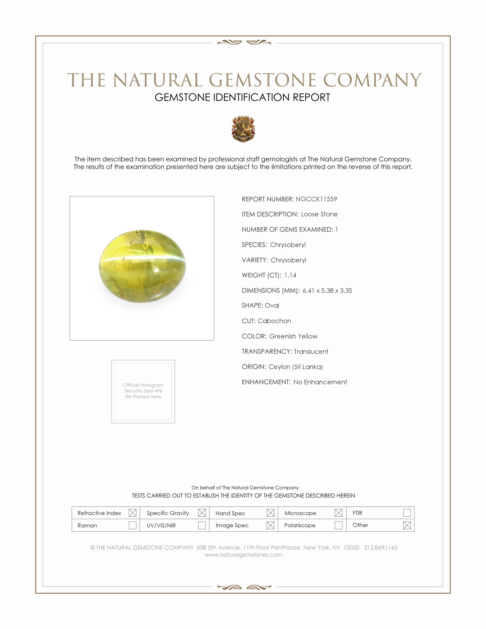 1.14 Ct. Greenish Yellow Cabochon Chrysoberyl from Ceylon (Sri Lanka)