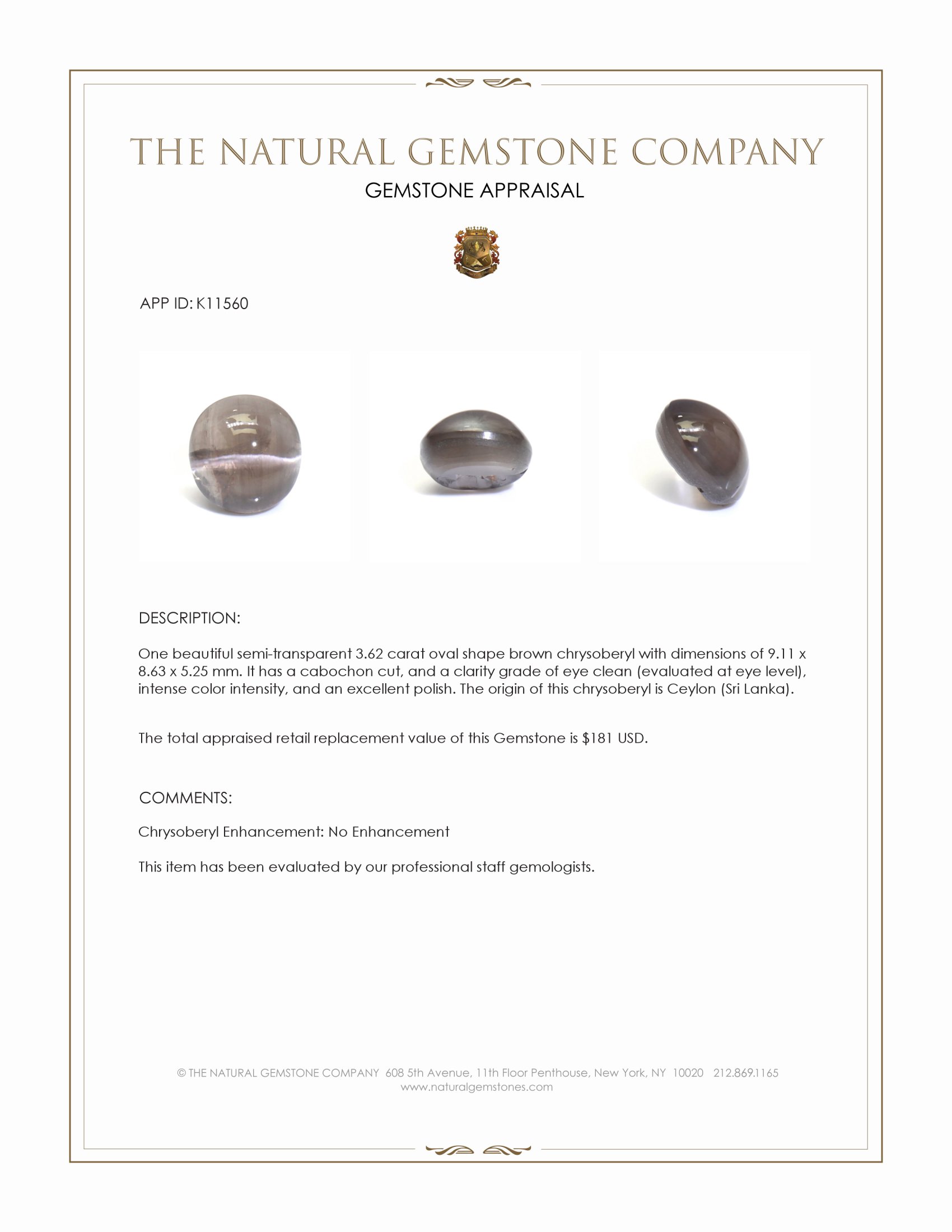 3.62 Ct. Cabochon Chrysoberyl from Ceylon (Sri Lanka)