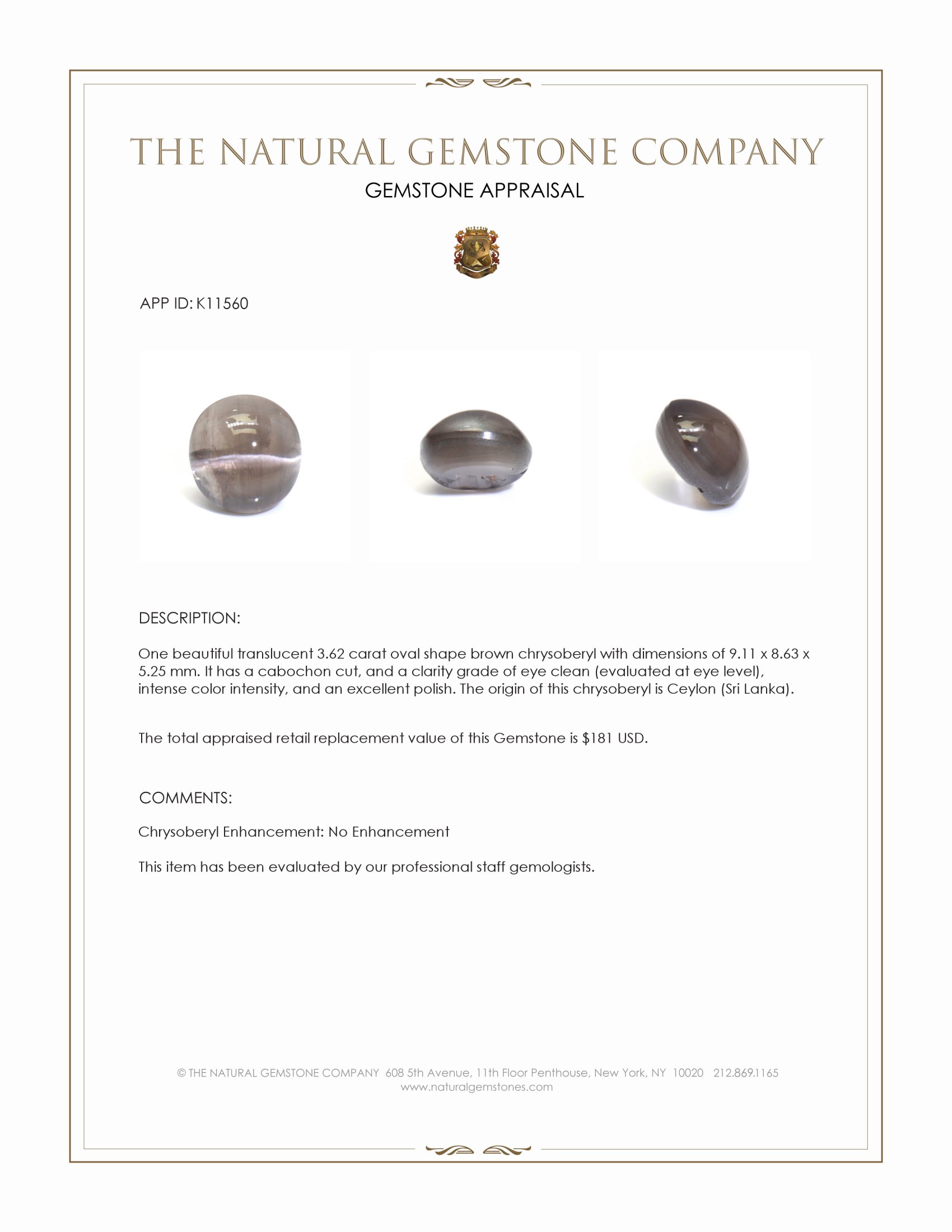 3.62 Ct. Brown Cabochon Chrysoberyl from Ceylon (Sri Lanka)