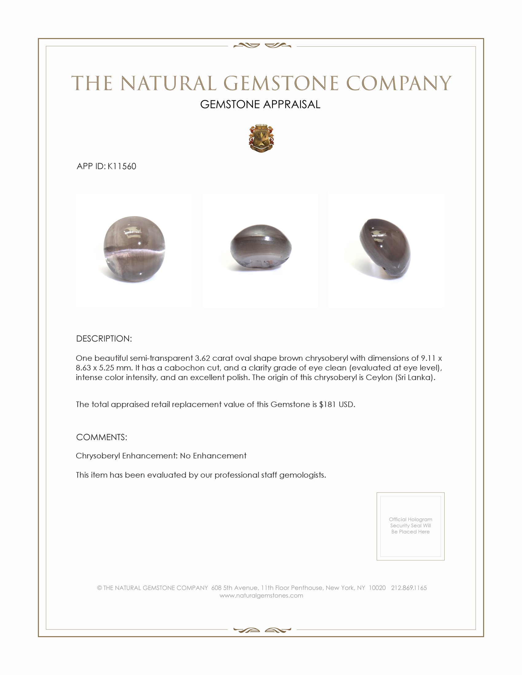 3.62 Ct. Cabochon Chrysoberyl from Ceylon (Sri Lanka)