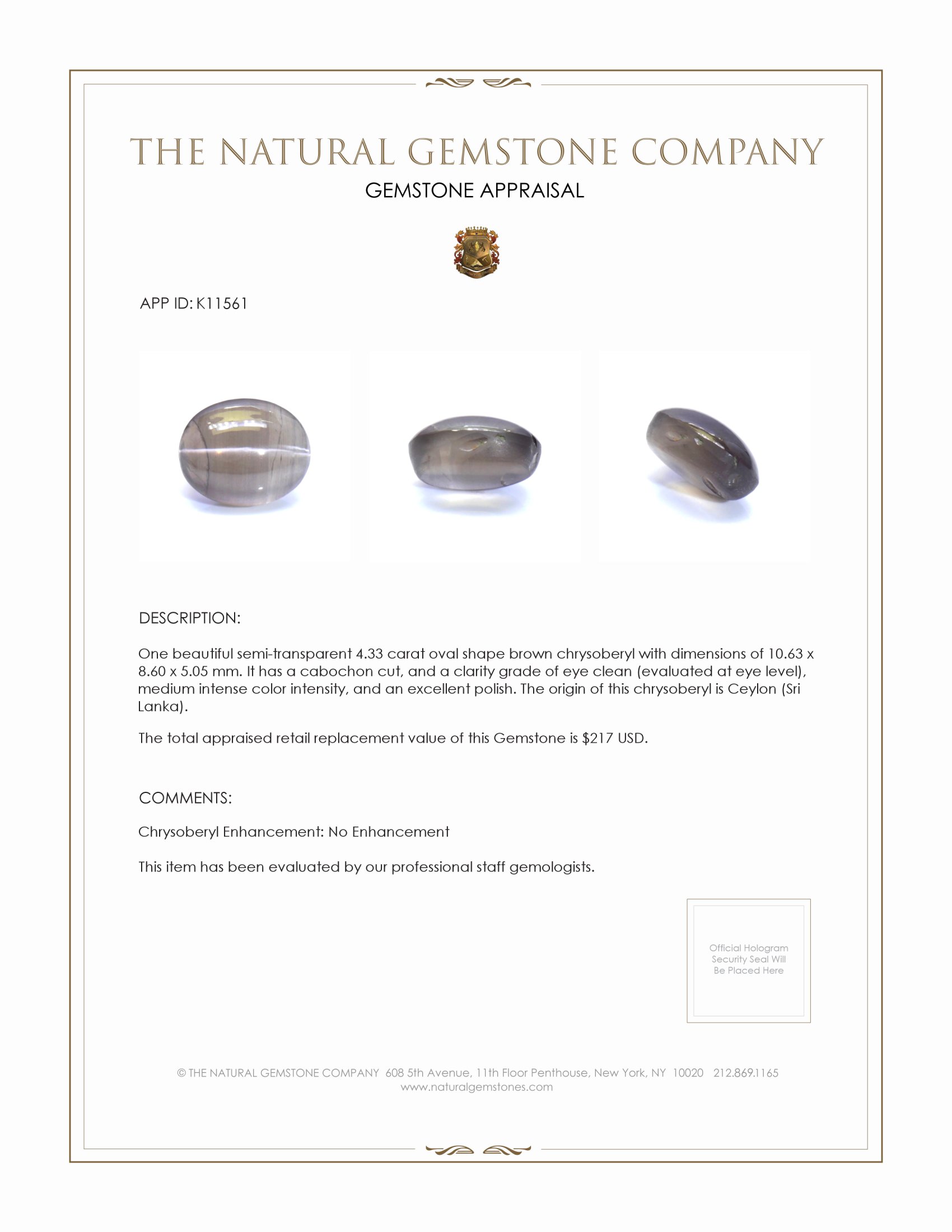 4.33 Ct. Cabochon Chrysoberyl from Ceylon (Sri Lanka)