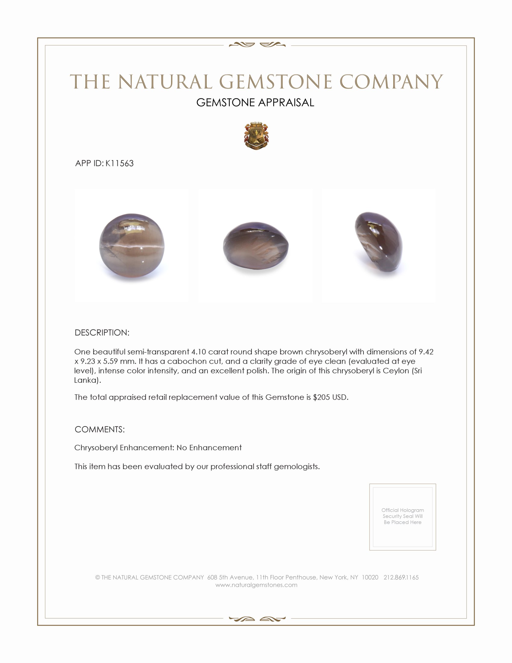 4.10 Ct. Brown Cabochon Chrysoberyl from Ceylon (Sri Lanka)