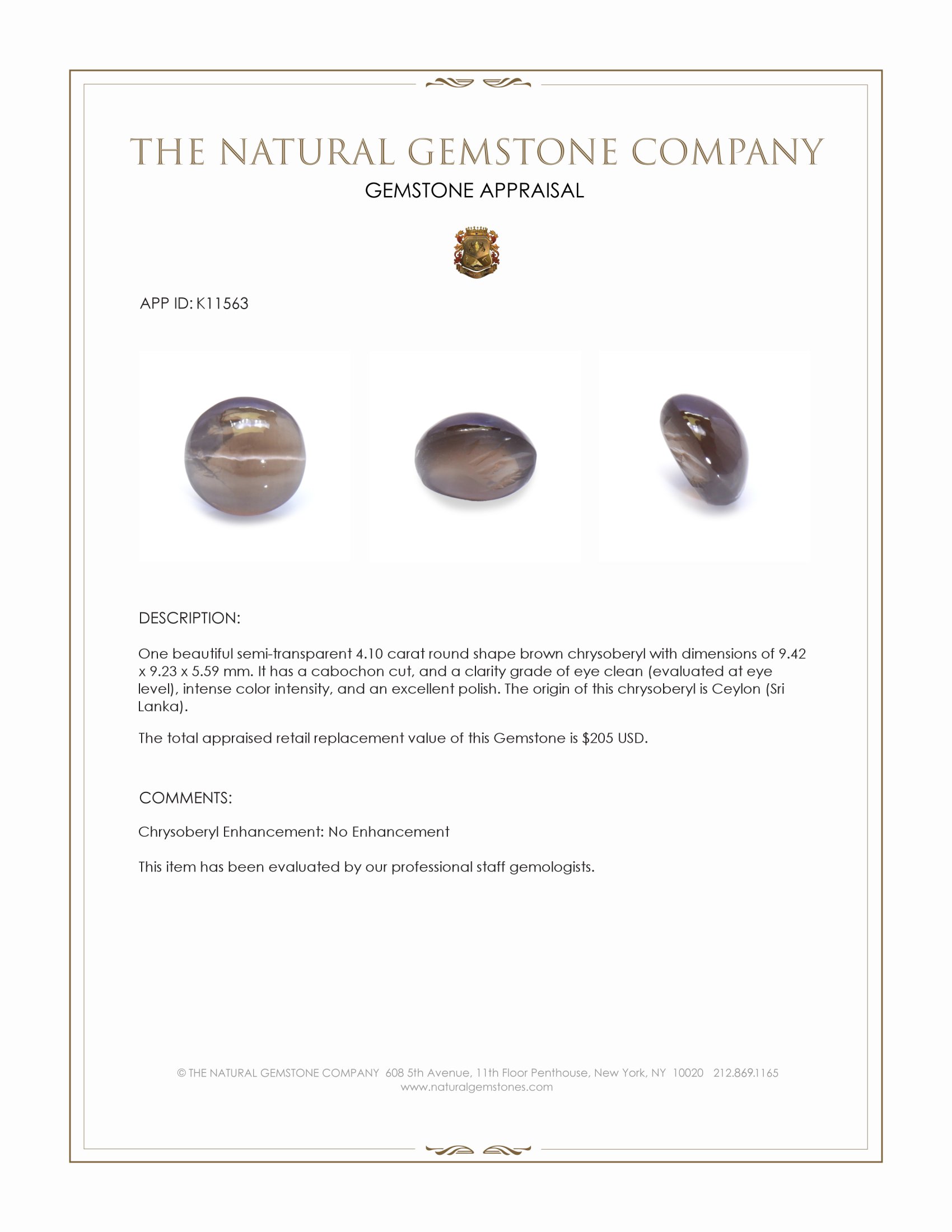 4.10 Ct. Cabochon Chrysoberyl from Ceylon (Sri Lanka)