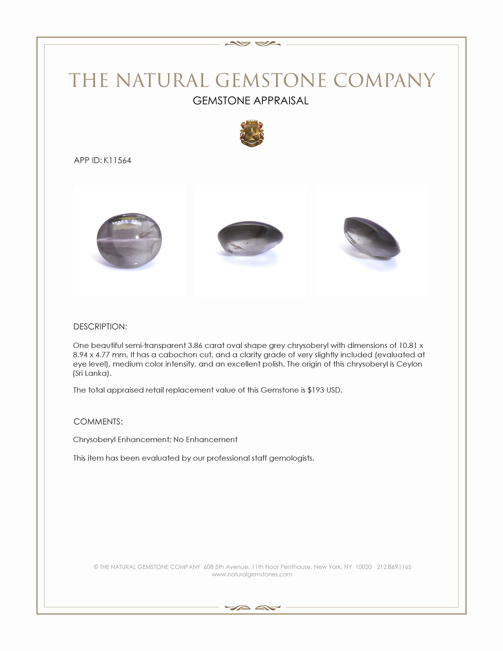 3.86 Ct. Cabochon Chrysoberyl from Ceylon (Sri Lanka)