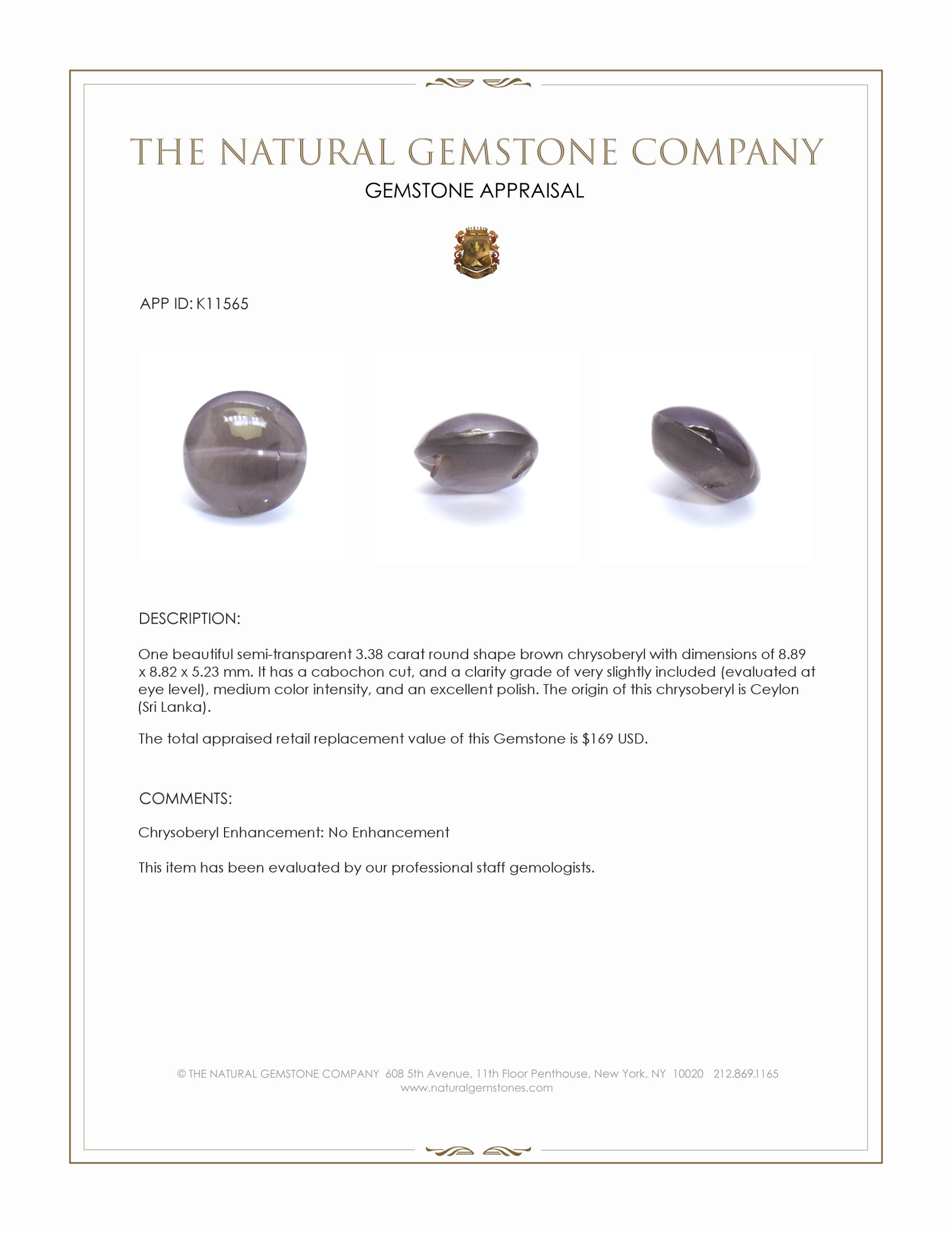 3.38 Ct. Cabochon Chrysoberyl from Ceylon (Sri Lanka)