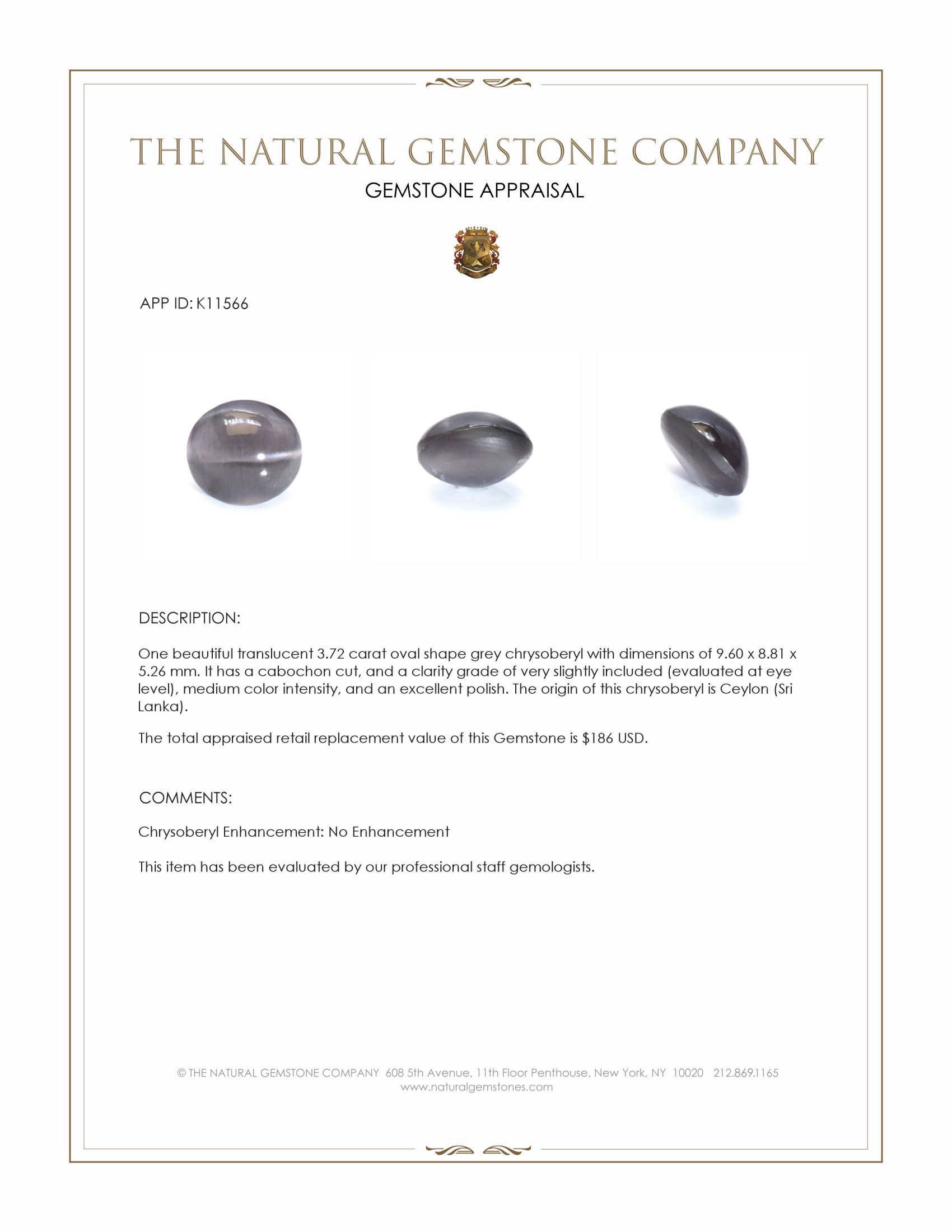 3.72 Ct. Cabochon Chrysoberyl from Ceylon (Sri Lanka)