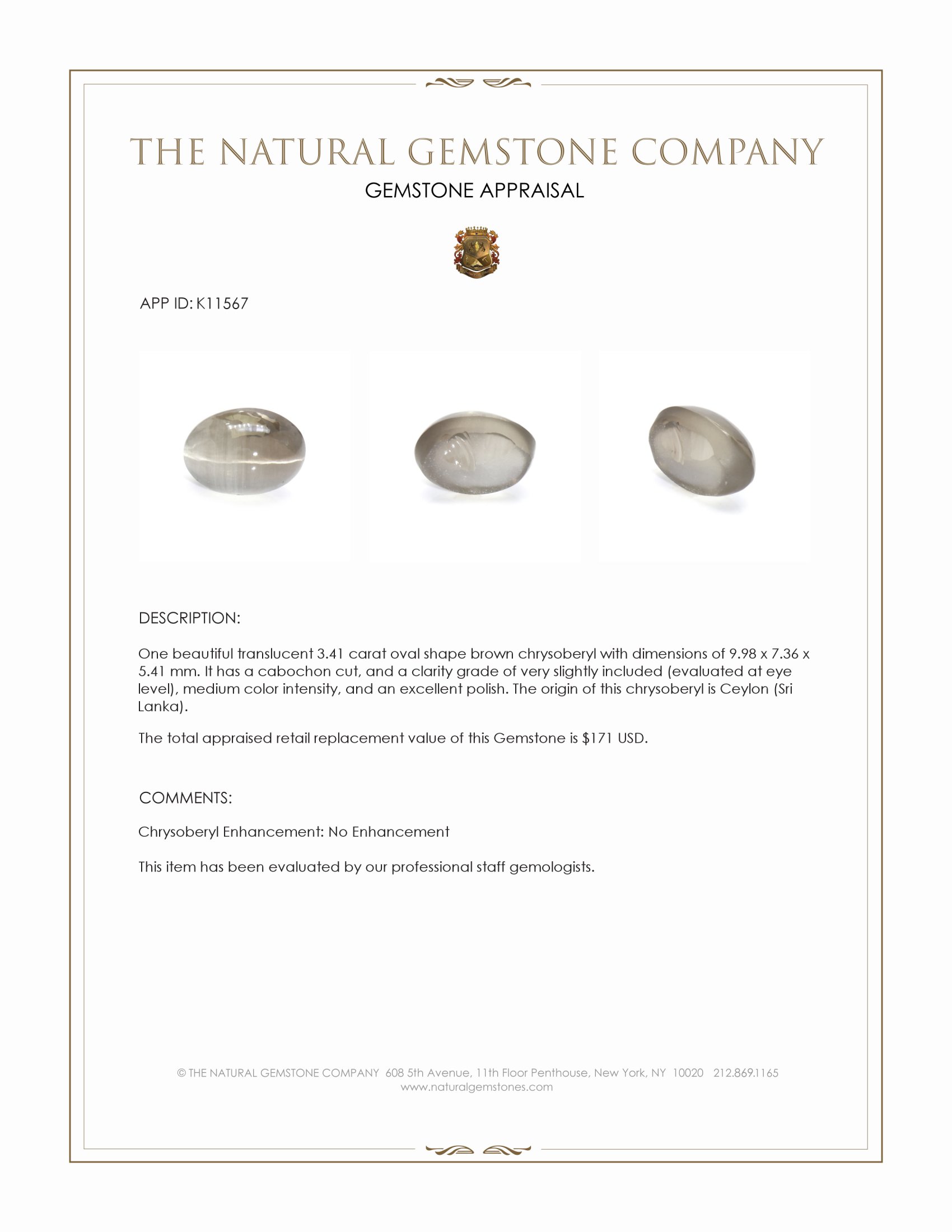 3.41 Ct. Cabochon Chrysoberyl from Ceylon (Sri Lanka)