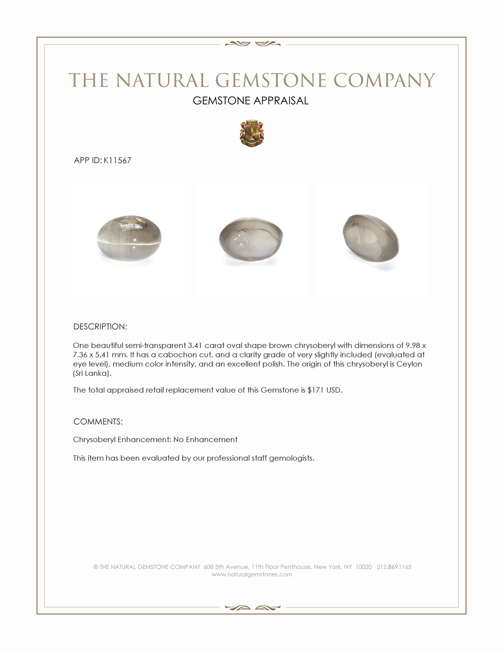 3.41 Ct. Cabochon Chrysoberyl from Ceylon (Sri Lanka)