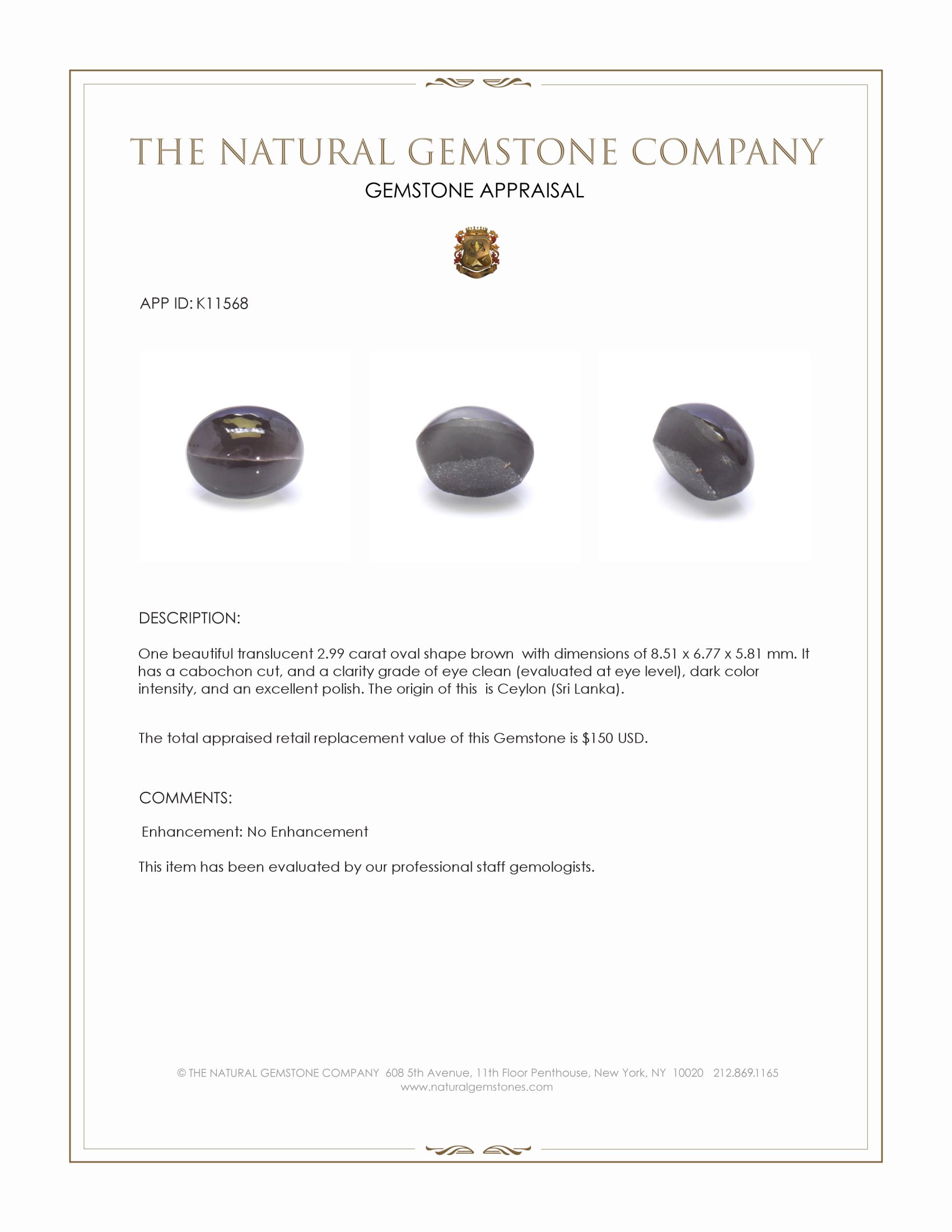 2.99 Ct. Brown Cabochon Chrysoberyl from Ceylon (Sri Lanka)