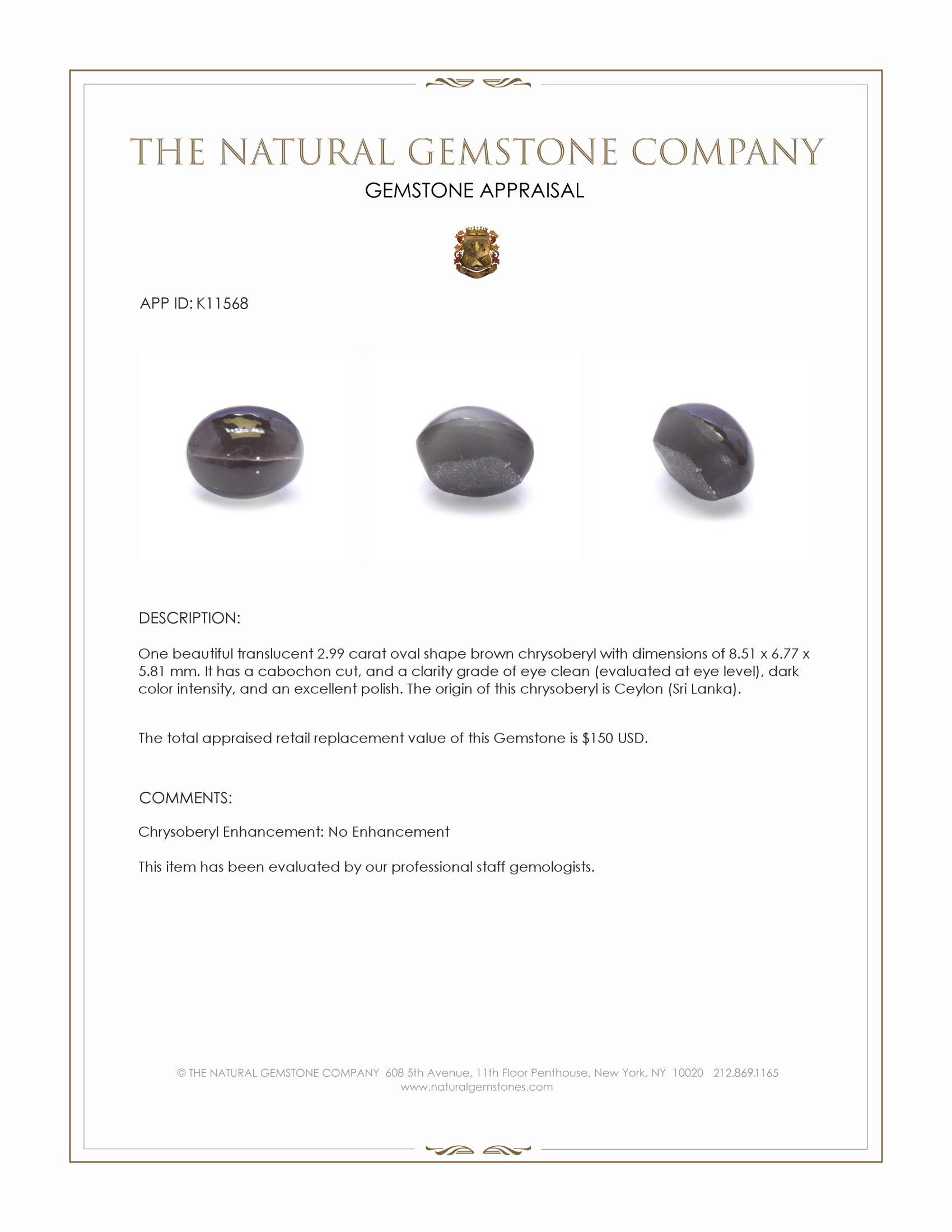 2.99 Ct. Cabochon Chrysoberyl from Ceylon (Sri Lanka)