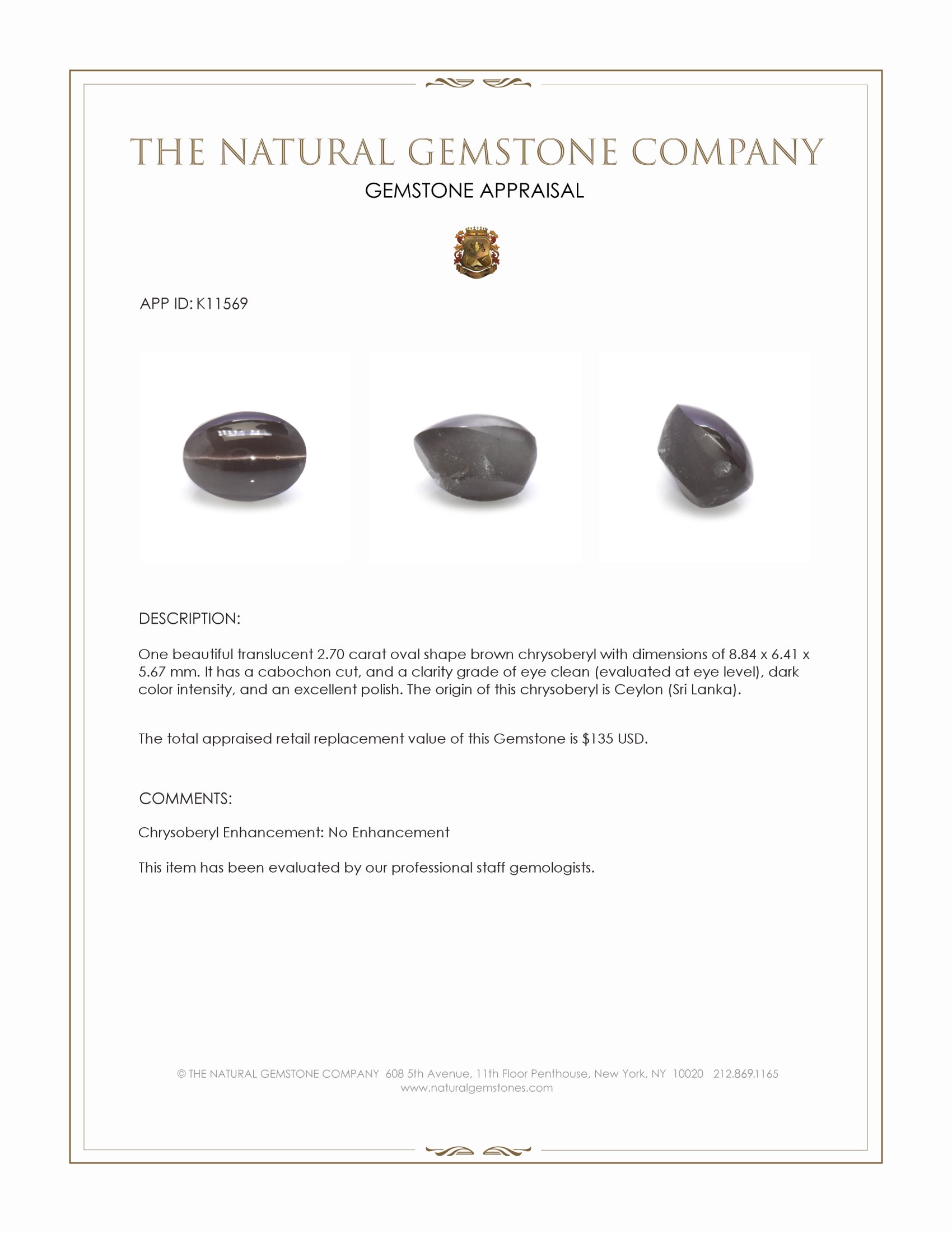 2.70 Ct. Brown Cabochon Chrysoberyl from Ceylon (Sri Lanka)