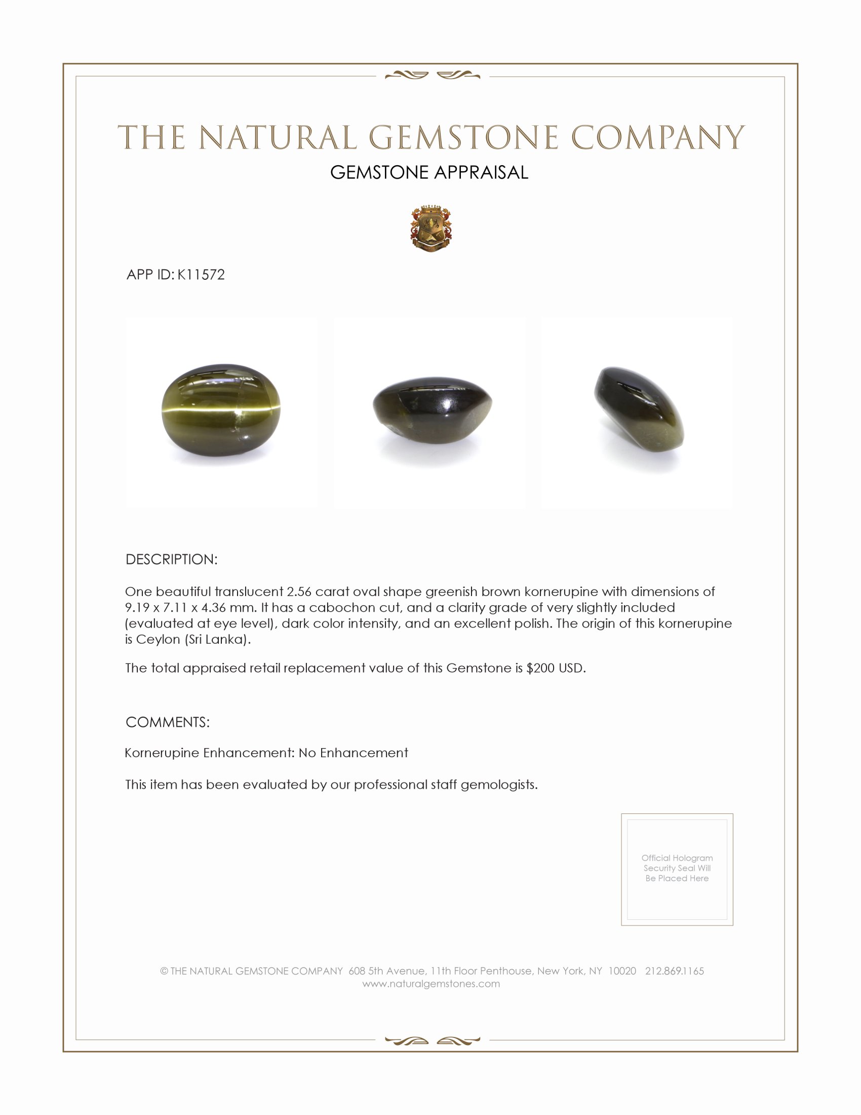 2.56 Ct. Greenish Brown Cabochon Kornerupine from Ceylon (Sri Lanka)