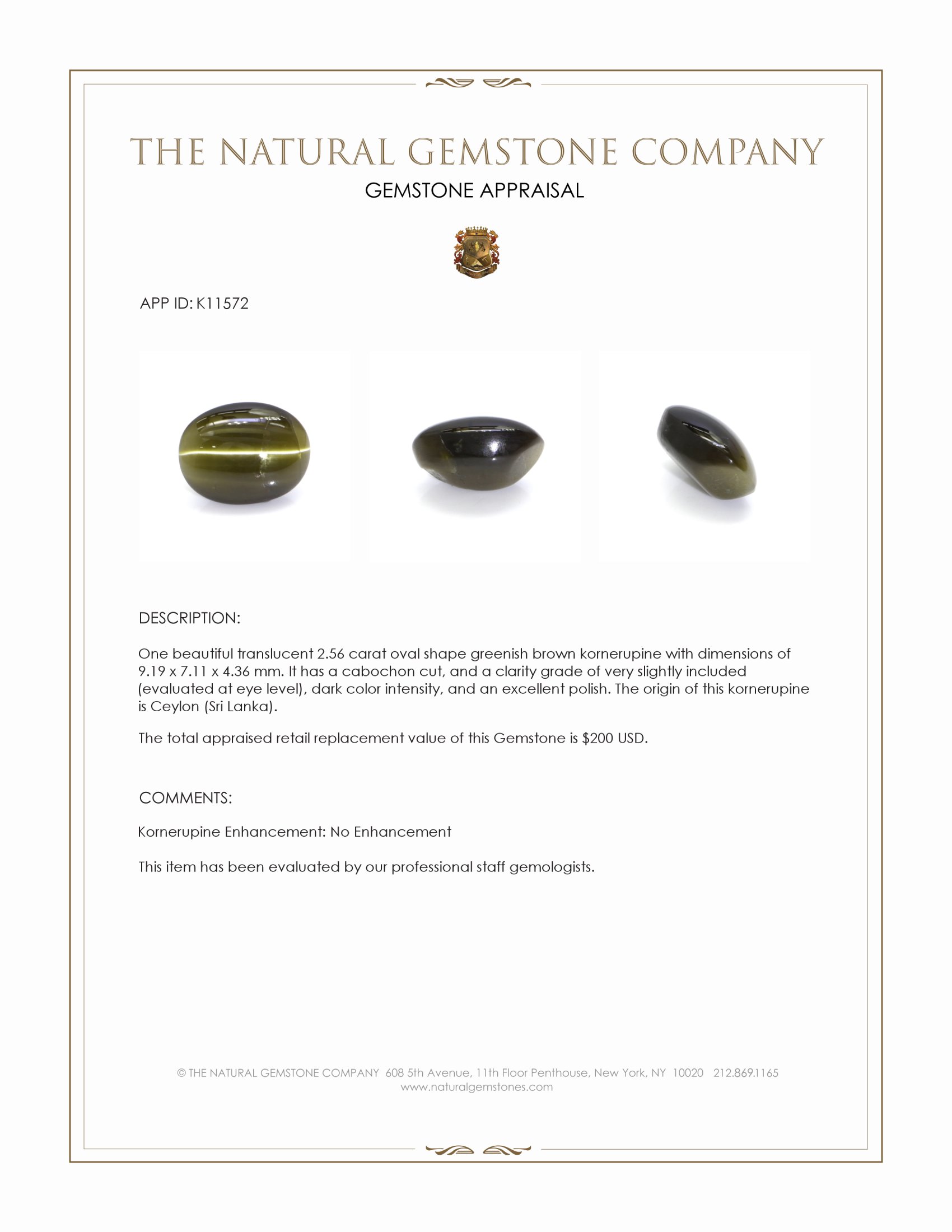 2.56 Ct. Greenish Brown Cabochon Kornerupine from Ceylon (Sri Lanka)