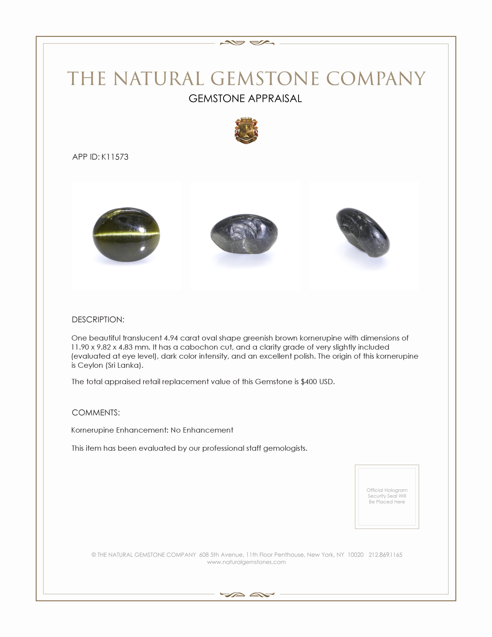 4.94 Ct. Cabochon Kornerupine from Ceylon (Sri Lanka)