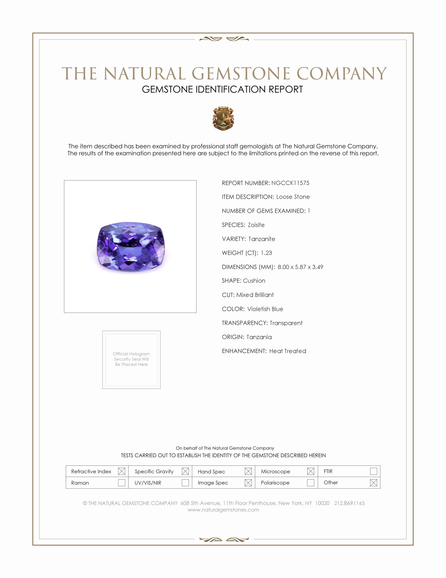 1.23 Ct. Tanzanite from Tanzania