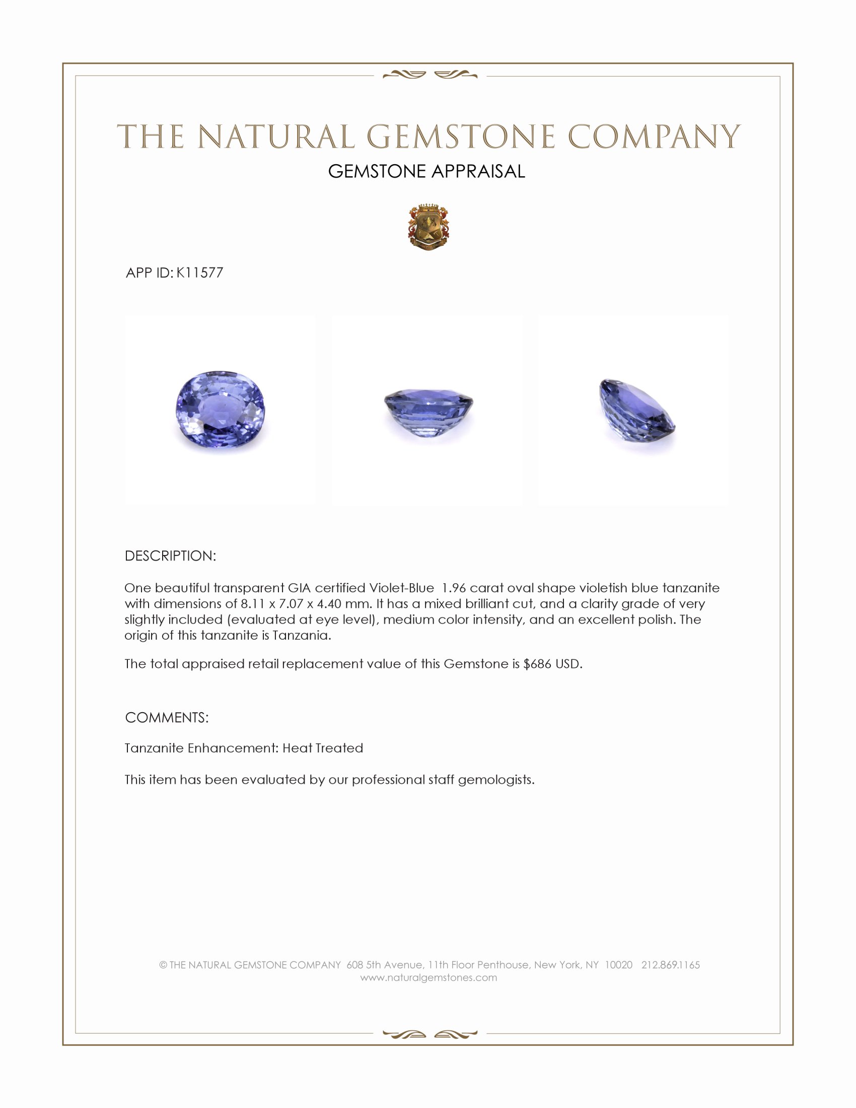 1.96 Ct. Violetish Blue Tanzanite from Tanzania