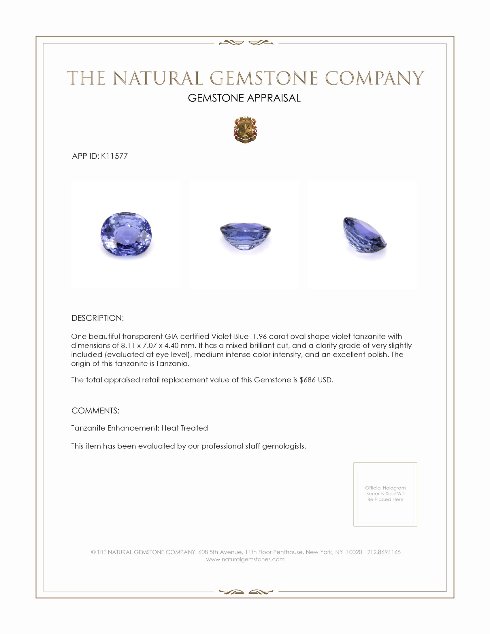 1.96 Ct. Tanzanite from Tanzania