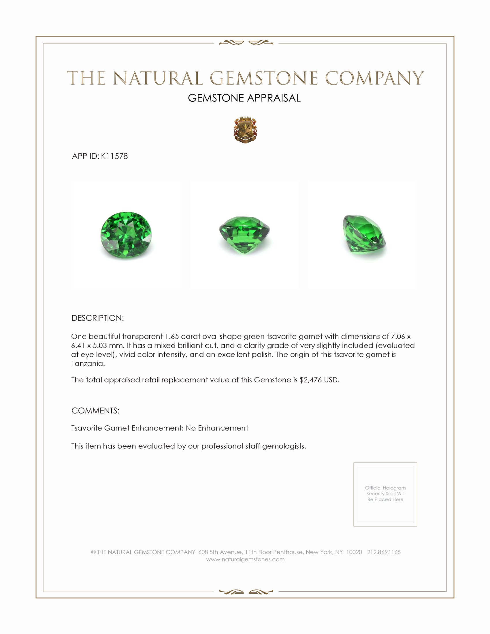 1.65 Ct. Tsavorite Garnet from Tanzania